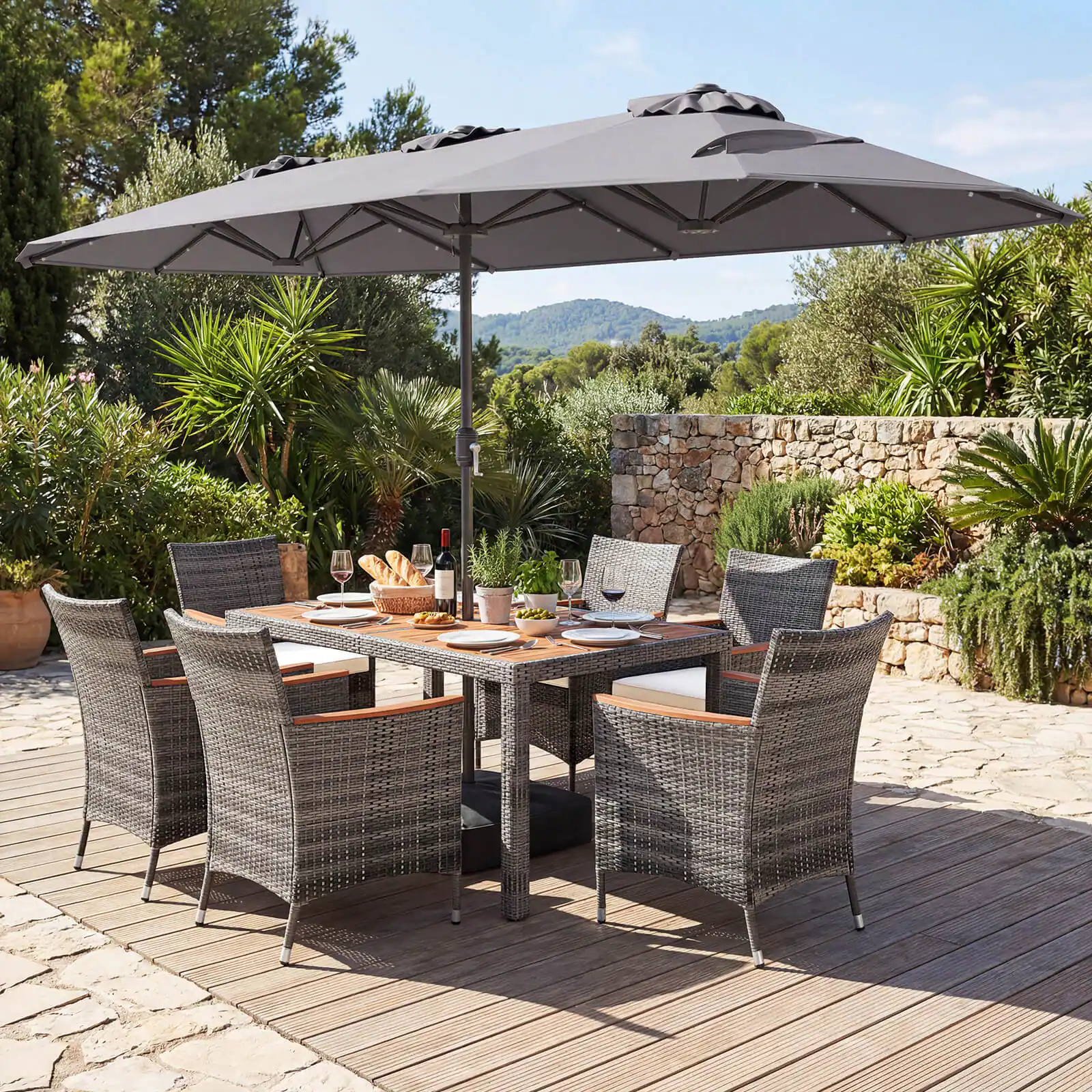 Alt View 4. Costway - Costway 8 PCS Outdoor Wicker Dining Furniture & Double-Sided Umbrella with Solar LED Lights - Gray + Mix Gray.