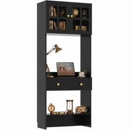 Aheaplus - 80" Bookcase with Desk and 2 Drawers, Tall Freestanding Bookshelf with Glass Door Display Cabinet and Workspace - Black