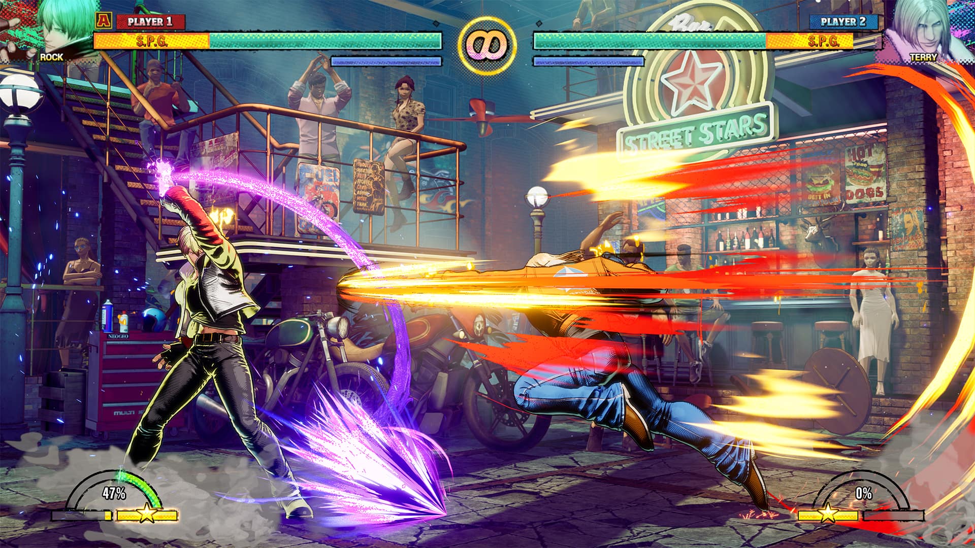 The text on the image reads: "Rock a player 1 S.P.G. 9 Raz PLAYER 2 S.P.G. Terry Street Stars Hot - Ace Mer DEST IN DOG5 S E muuTI 47% 0%". This text is likely related to a video game, possibly a fighting game, and it might be displaying information about the players, their characters, or the current progress of the game.