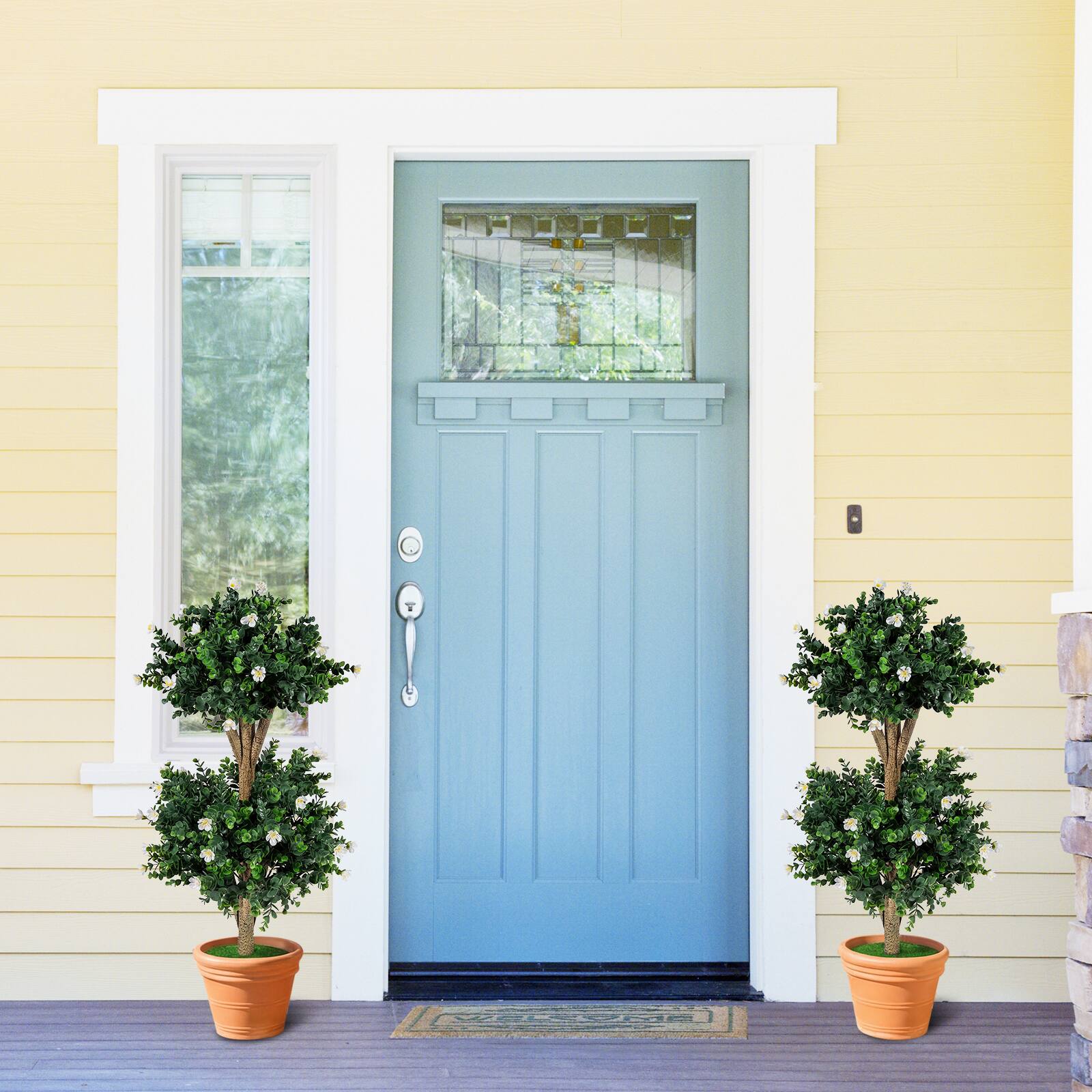 Alt View 3. Costway - Costway 2 Pack 36" Artificial Double Ball Boxwood Topiary Tree with 41 Blossoms Plastic Pot - Green & Black & White.