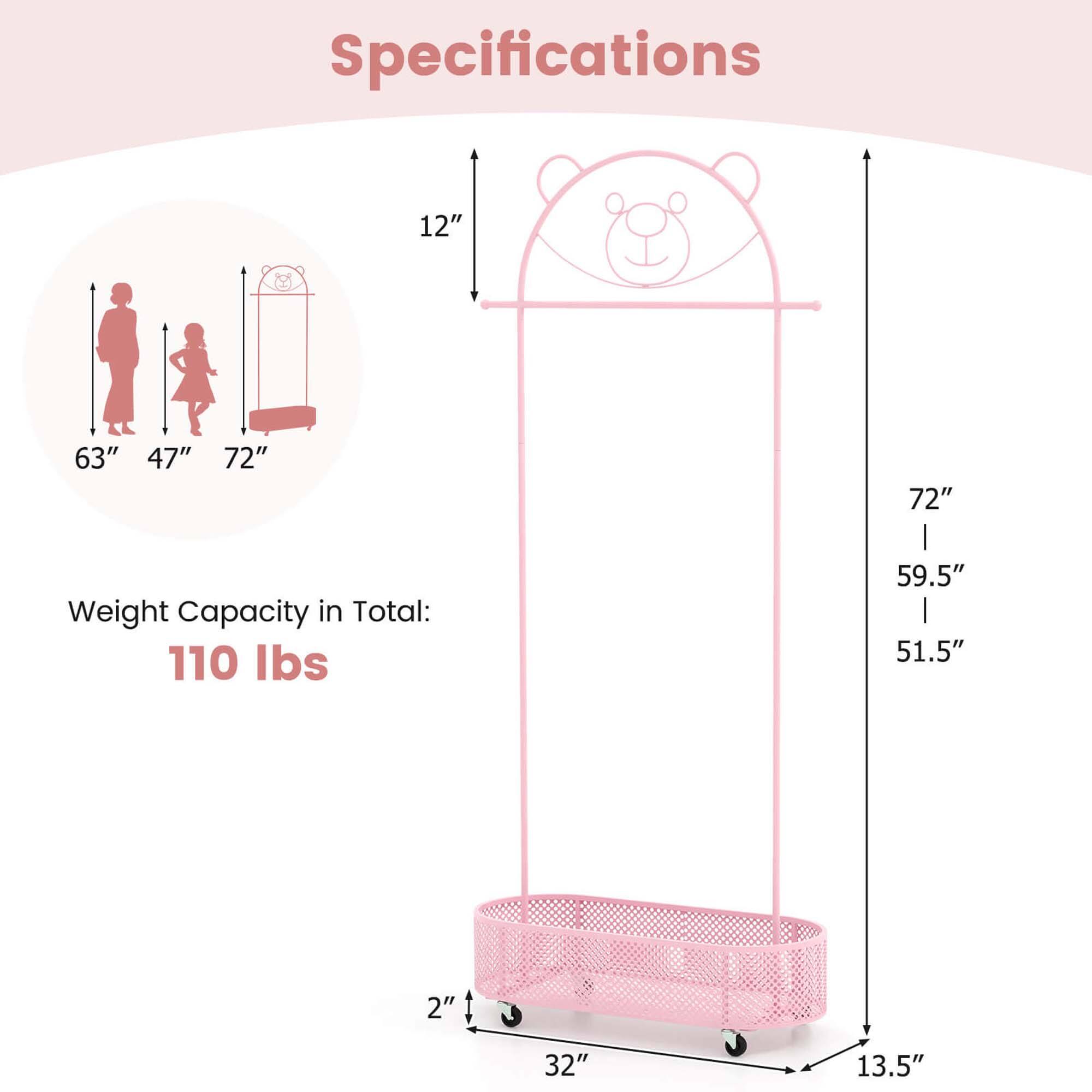 Specifications: 12", 72", 59.5", 51.5", 2", 32", 13.5"

Weight Capacity in Total: 110 lbs

Height: 63", 47", 72"
