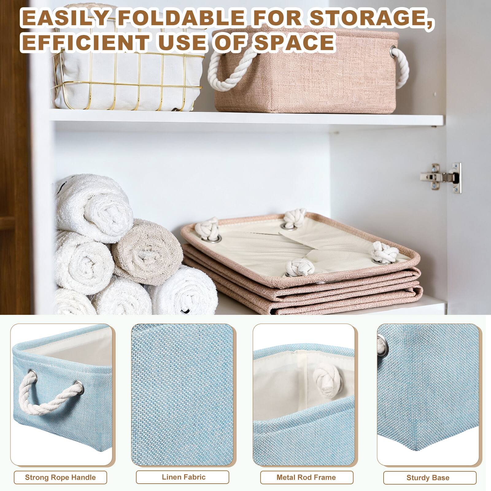 EASILY FOLDABLE FOR STORAGE, EFFICIENT USE OF SPACE

Strong Rope Handle
Linen Fabric
Metal Rod Frame
Sturdy Base