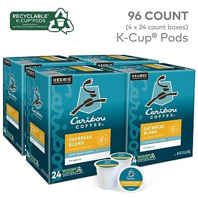 RECYCLABLE K-CUP® PODS  
96 COUNT (4 x 24 count boxes)  
K-Cup® Pods  

Caribou Coffee  
Daybreak Blend  
The Original Roast Coffee  
100% Arabica Beans  

KEURIG®  
Caribou Coffee  
Daybreak Blend  
The Original Roast Coffee  
100% Arabica Beans  

24 K-Cup® Pods per box  
26 Calories per serving  
24 servings per box