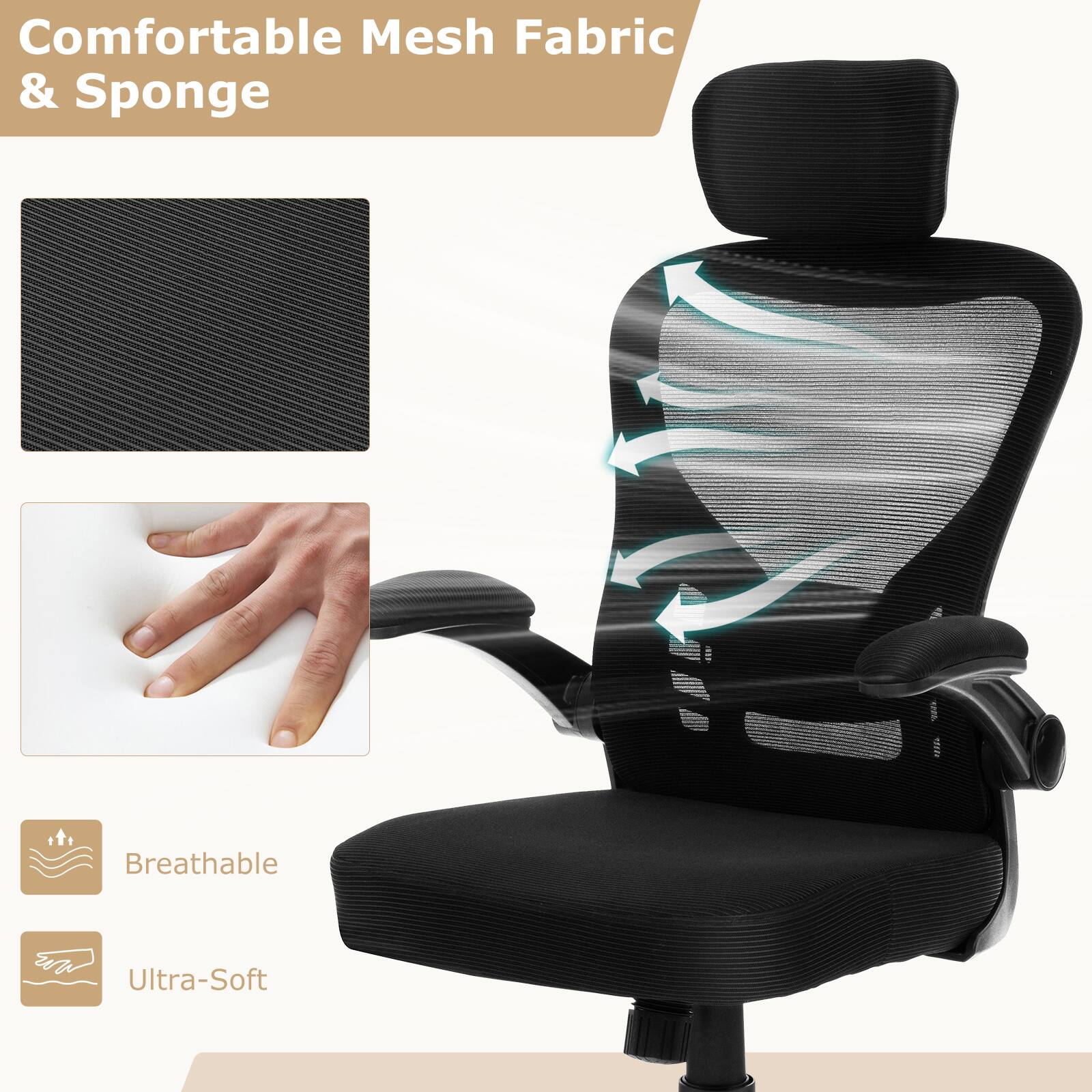 The text on the image reads "Comfortable Mesh Fabric & Sponge Breathable Ultra-Soft."