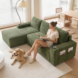Anysun - 104" L-Shape Cloud Corduroy Sectional Couch – Modern Modular Sectional Sofa with Deep Seat, Left facing - Green
