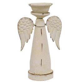 BreeBe - Distressed Metal Snowy Angel Pillar Holder - White