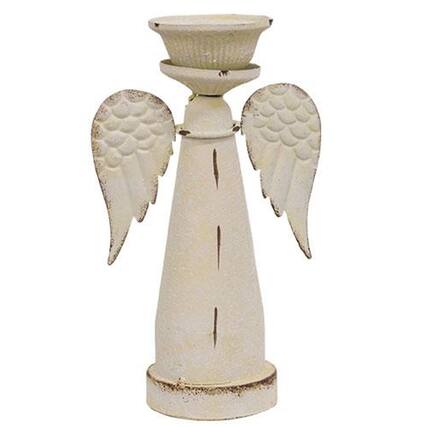 Front. BreeBe - Distressed White Metal Snowy Angel Pillar Holder - White.
