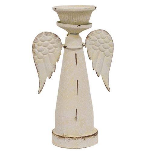 Front. BreeBe - Distressed White Metal Snowy Angel Pillar Holder - White.