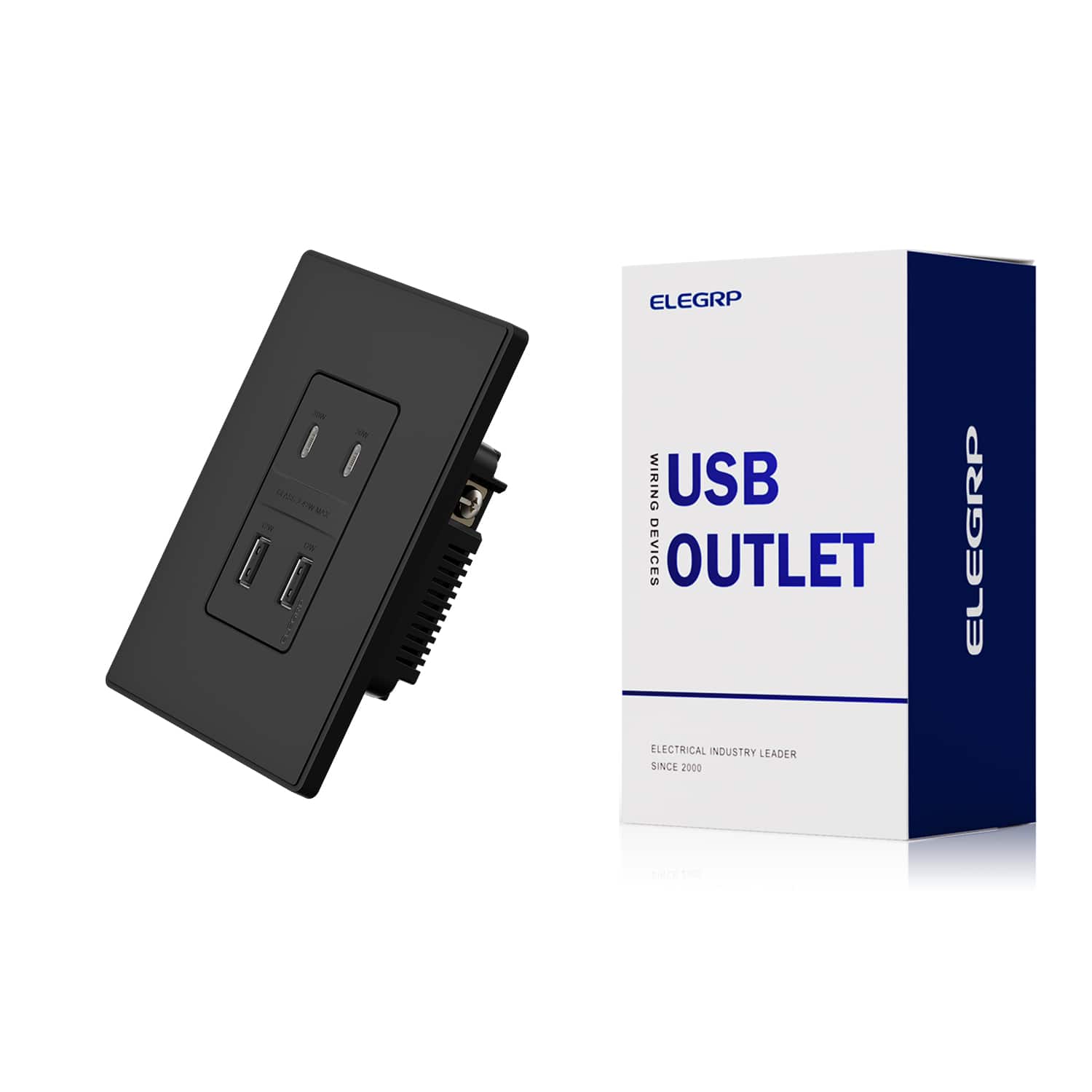 ELEGRP - USB Outlet, 2A & 2C USB Ports, 42W Fast Charge USB Charger, Wall Plate Included, UL/CUL Listed, Matte ,1 PC - Black