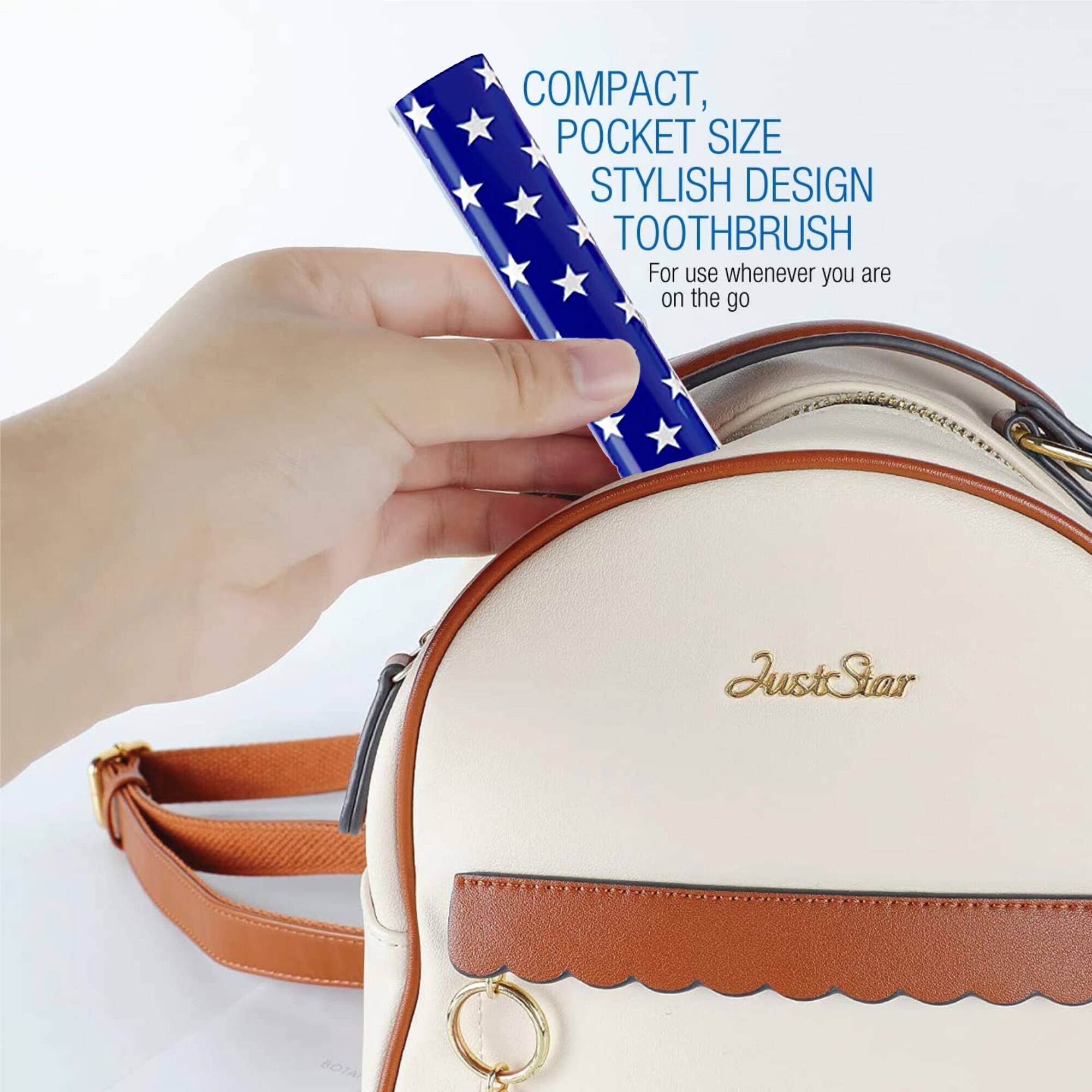 COMPACT, POCKET SIZE STYLISH DESIGN TOOTHBRUSH  
For use whenever you are on the go  

JustStar