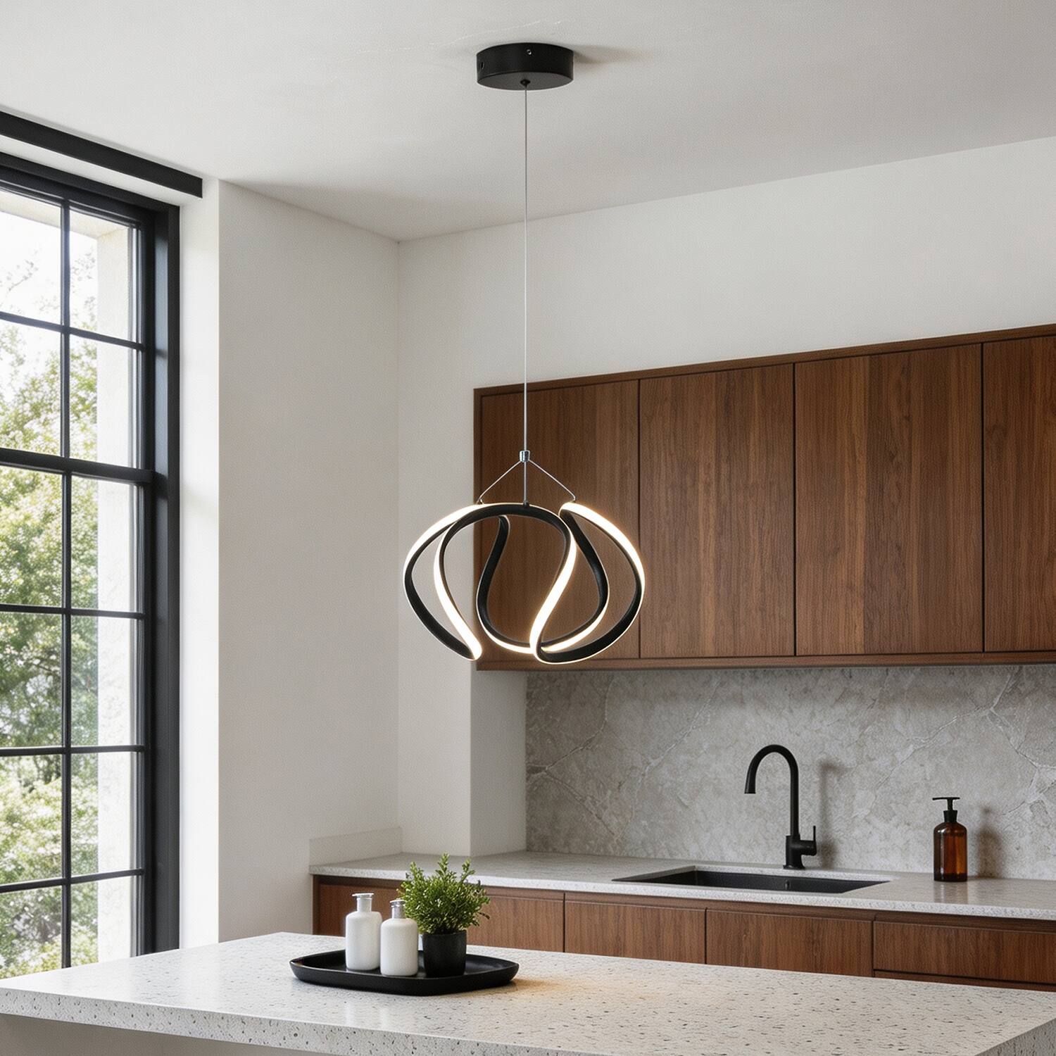Left. Umeiluce - 15.7 In Modern LED Pendant Light 3000K Dimming - Matte Black.
