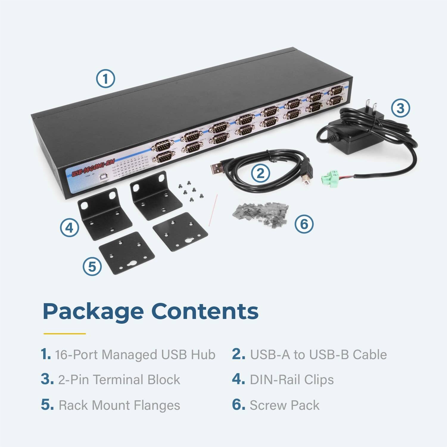 1. 16-Port Managed USB Hub  
2. USB-A to USB-B Cable  
3. 2-Pin Terminal Block  
4. DIN-Rail Clips  
5. Rack Mount Flanges  
6. Screw Pack