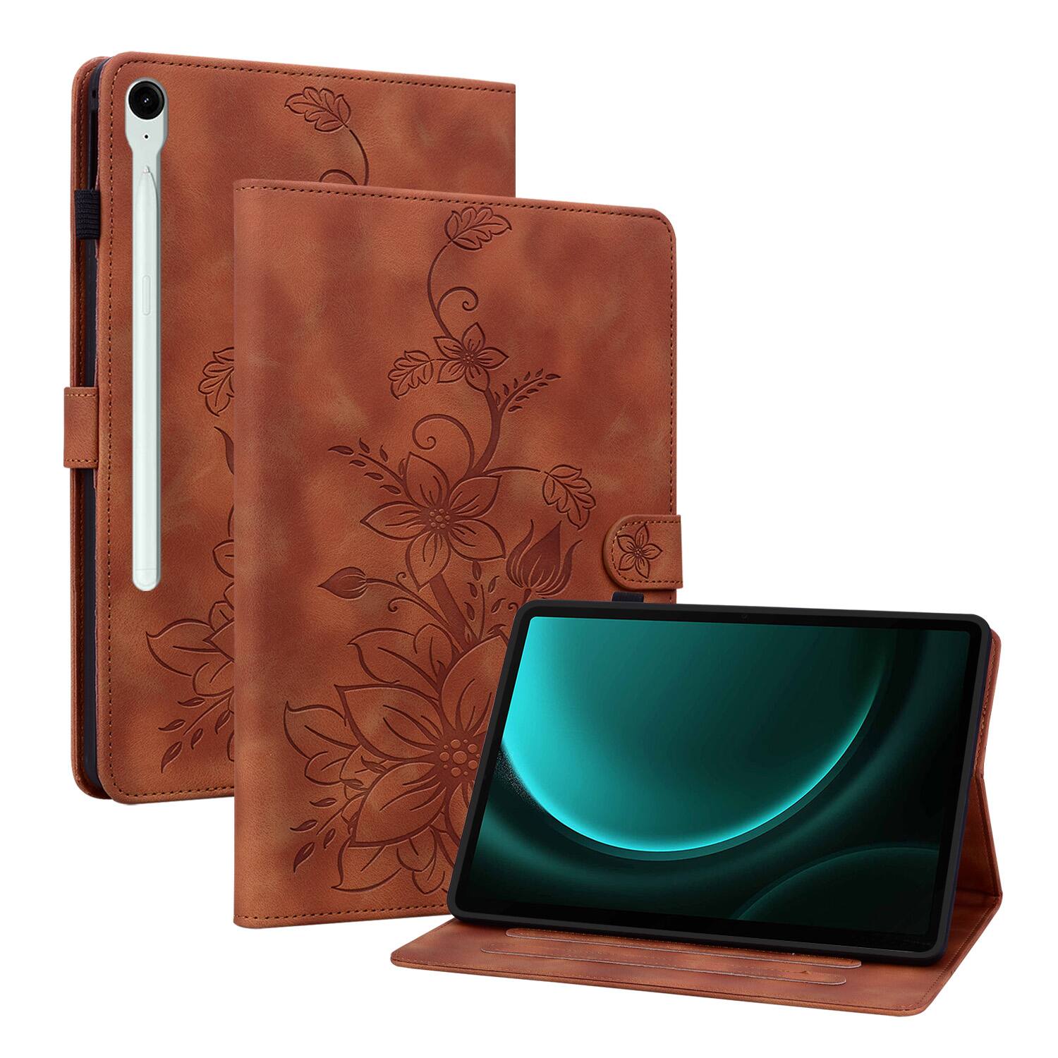 Dteck - Case for Samsung Galaxy Tab S10 FE & S10 Lite and S9 FE & S9,Embossed Pattern PU Leather Flip Card Holder Stand Cover - Brown