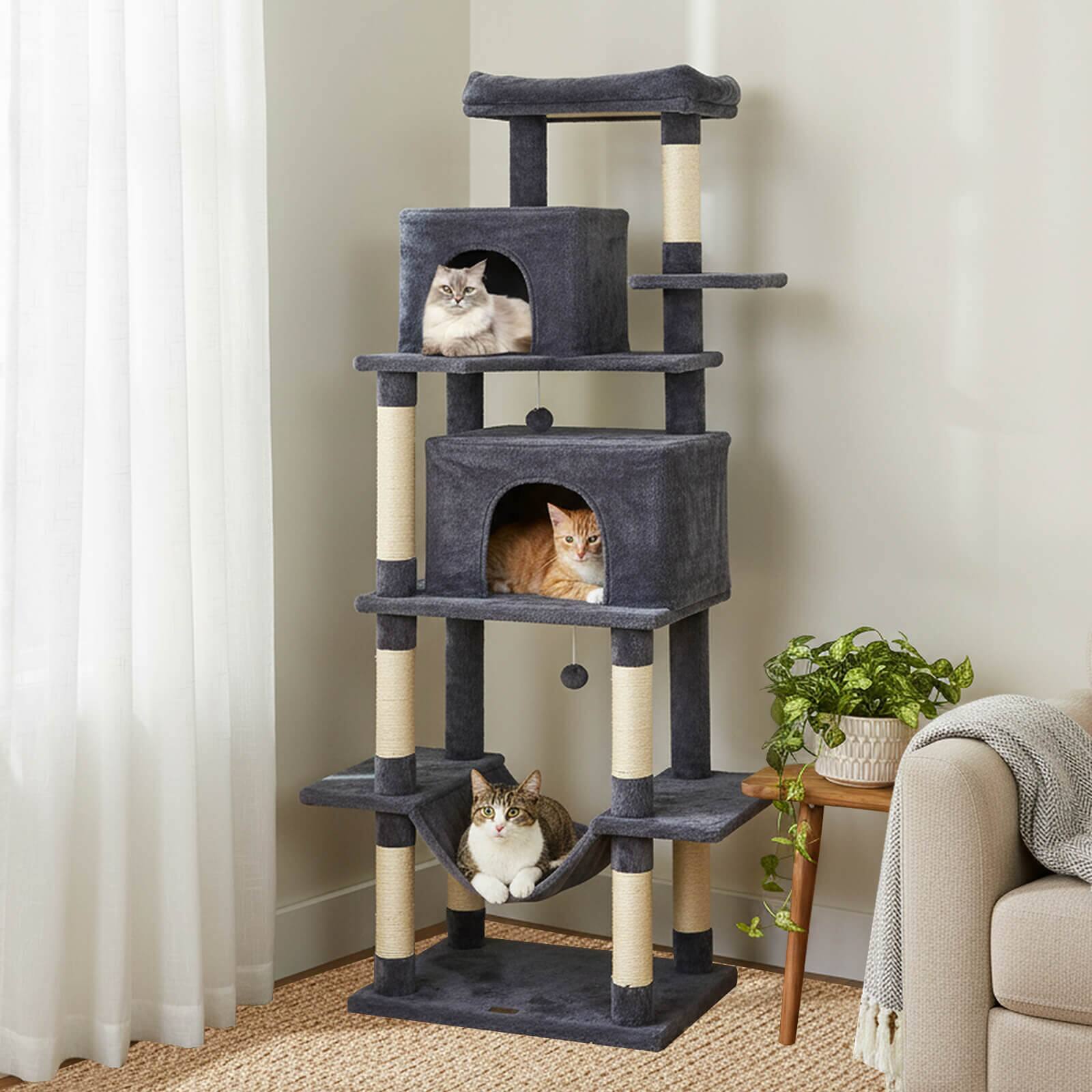 Alt View 1. Costway - Costway 70" Large Cat Tree for Indoor Cats with Plush Top Perch, Dual large Condos, Hammock - Dark Gray.