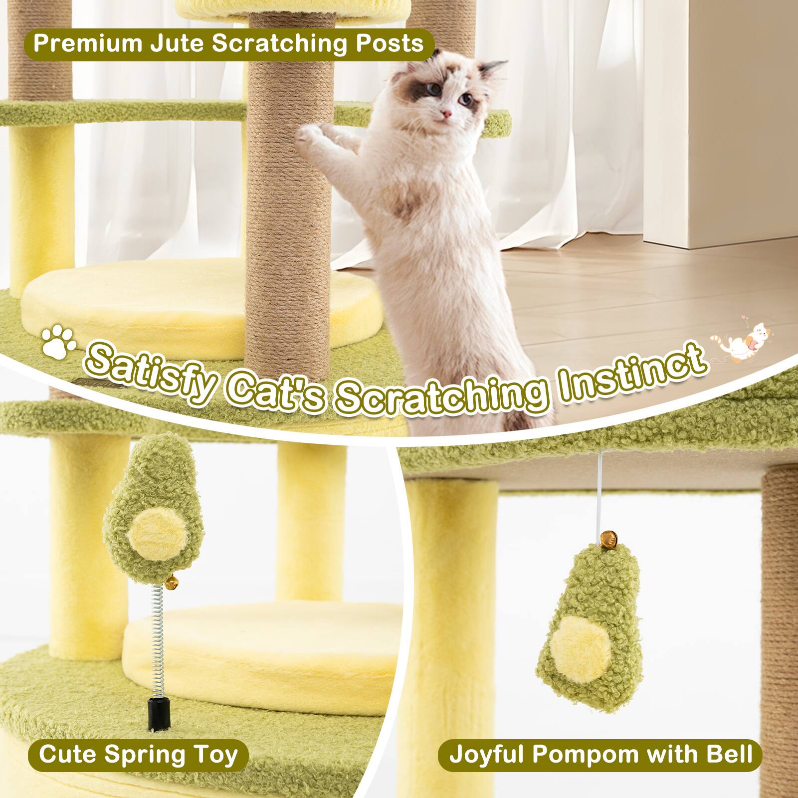 Premium Jute Scratching Posts  
Satisfy Cat's Scratching Instinct  

Cute Spring Toy  
Joyful Pompom with Bell