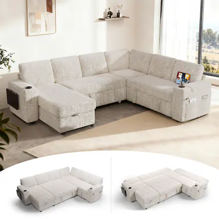 Front. Dyonery - 110" Modular 7 Seat L Shaped Couch with Reclining Backrest|USB Ports|Cup Holders|Side Table|Storage Chaise Armrests - Beige.
