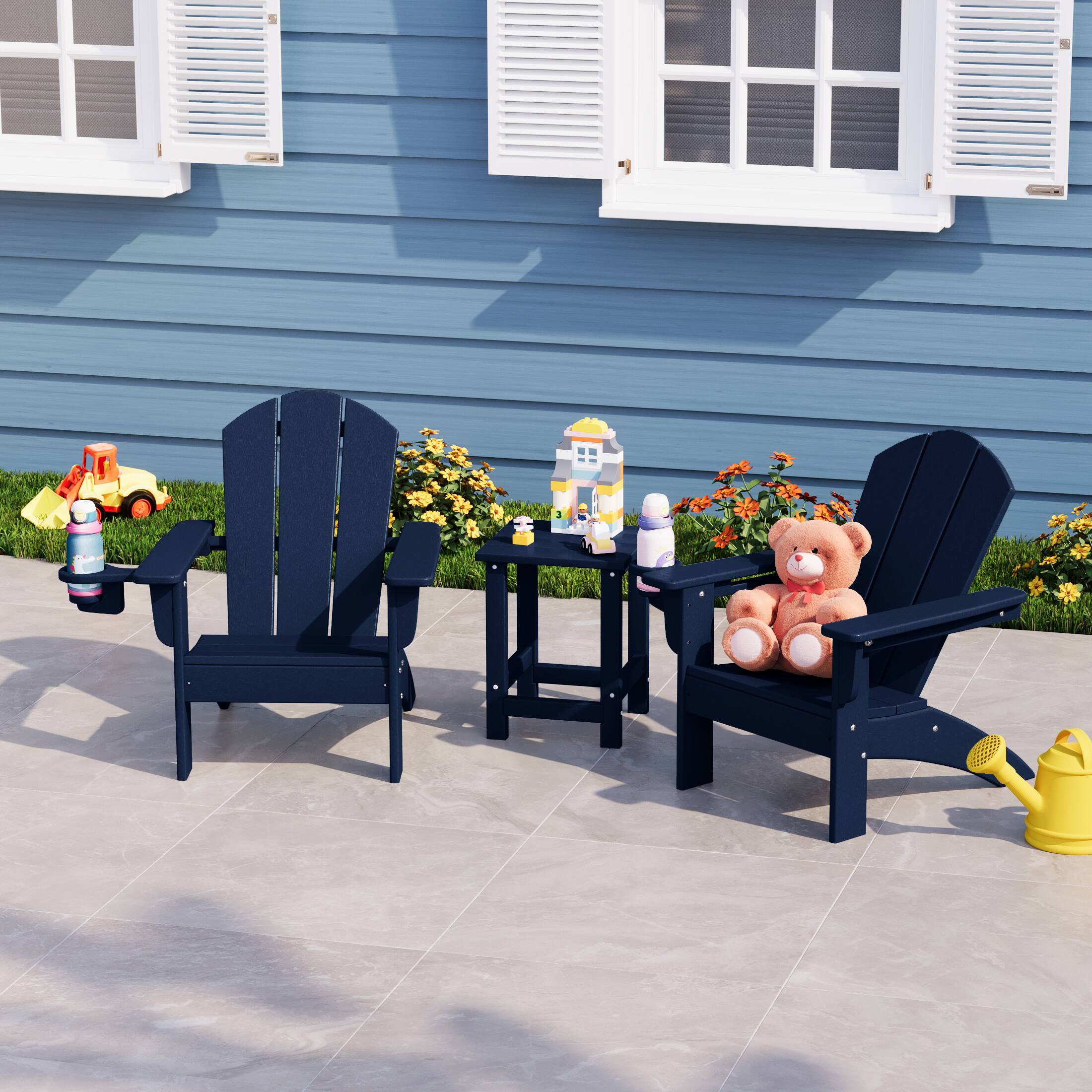 Angle. WestinTrends - WestinTrends Malibu 3-Piece Kids HDPE Adirondack Chairs Set with Square Side Table and Cup Holders - Navy Blue.