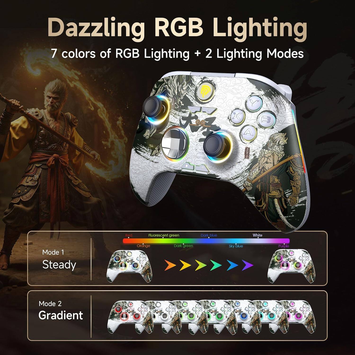 Dazzling RGB Lighting  
7 colors of RGB Lighting + 2 Lighting Modes  

Mode 1  
Steady  

Mode 2  
Gradient  

Colors:  
Red, Fluorescent green, Orange, Dark green, Dark blue, Sky blue, Purple, White