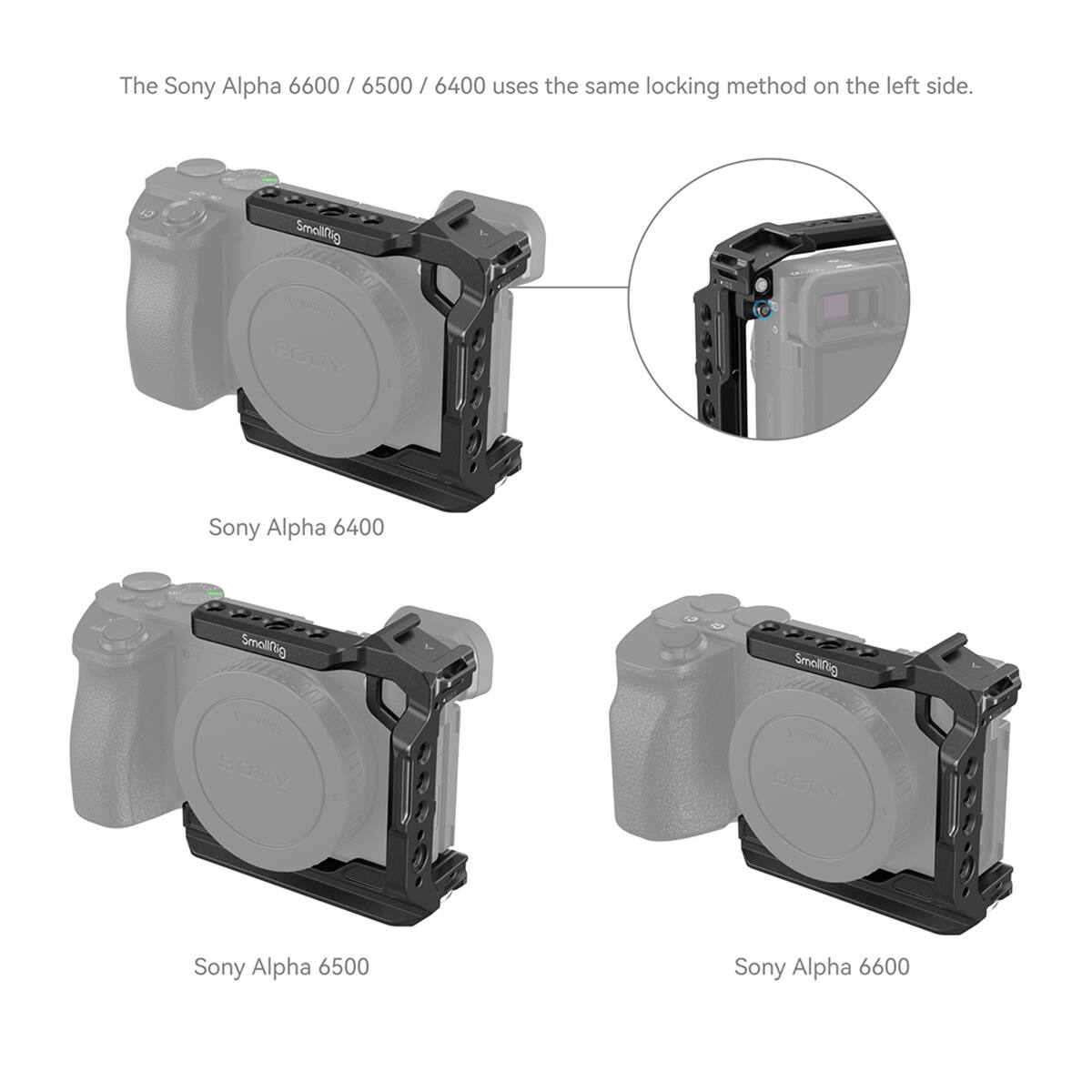 The Sony Alpha 6600/6500/6400 uses the same locking method on the left side.