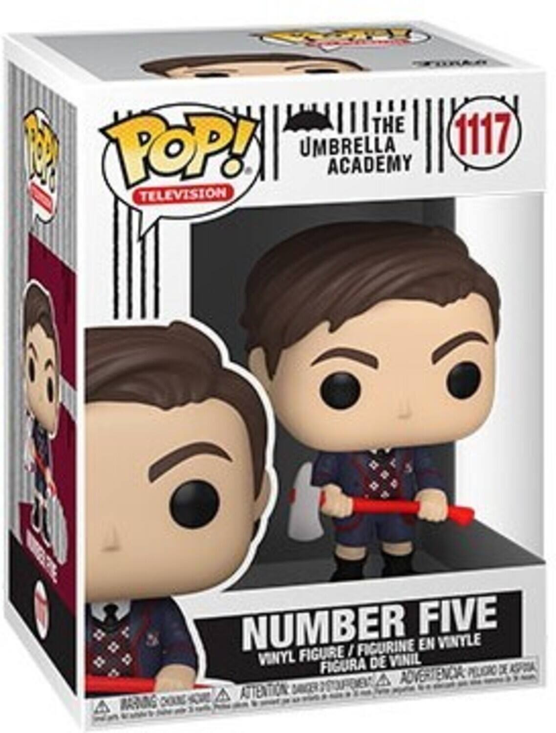 THE B POP! UMBRELLA ACADEMY TELEVISION 1117 NUMBER FIVE FIGURINE EN VINYLE FIGURE I VINYL FIGURA DE VINIL PELGRO DE AGFA A AOVERTENC A ATTENTIOAN