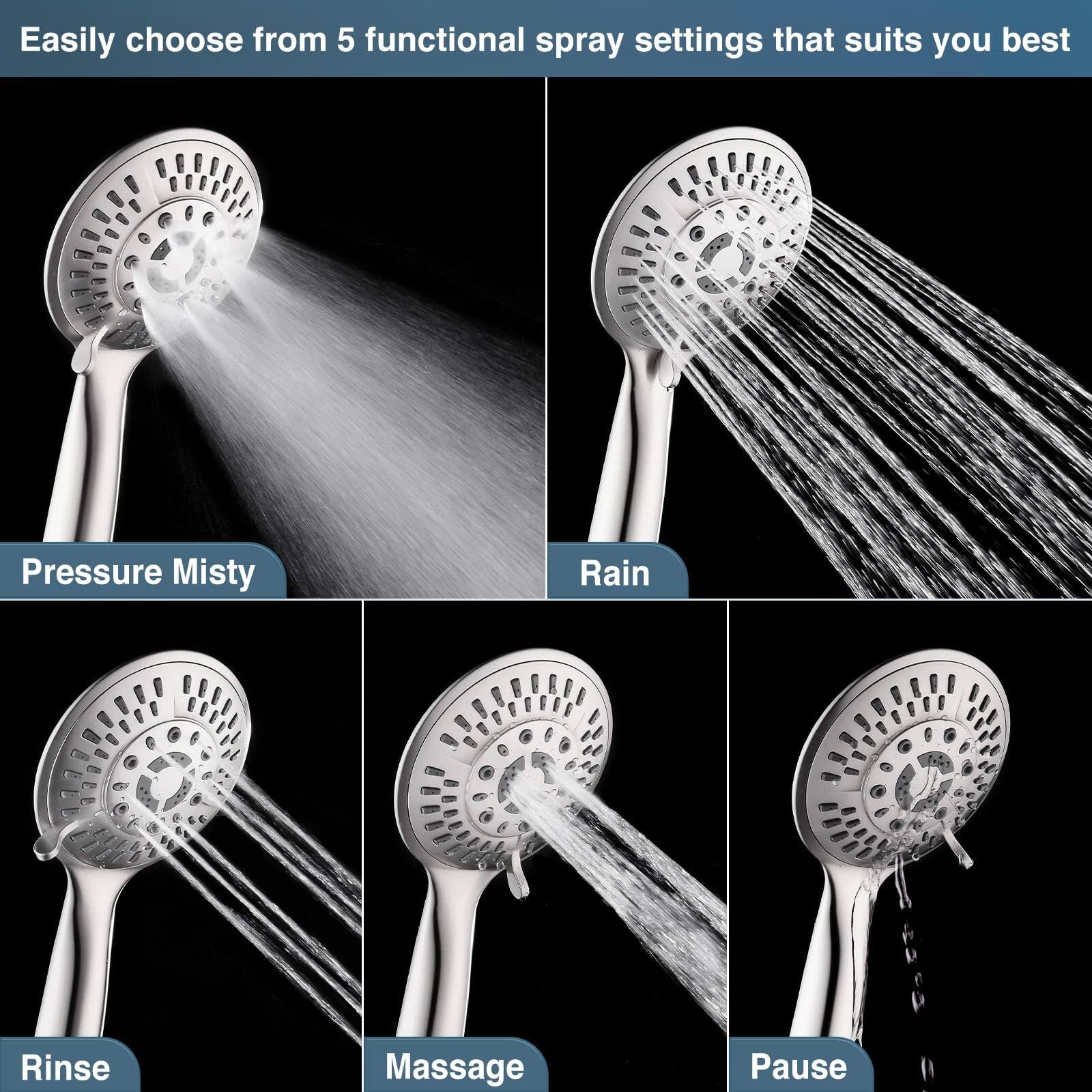 Easily choose from 5 functional spray settings that suits you best

- Pressure Misty
- Rain
- Rinse
- Massage
- Pause