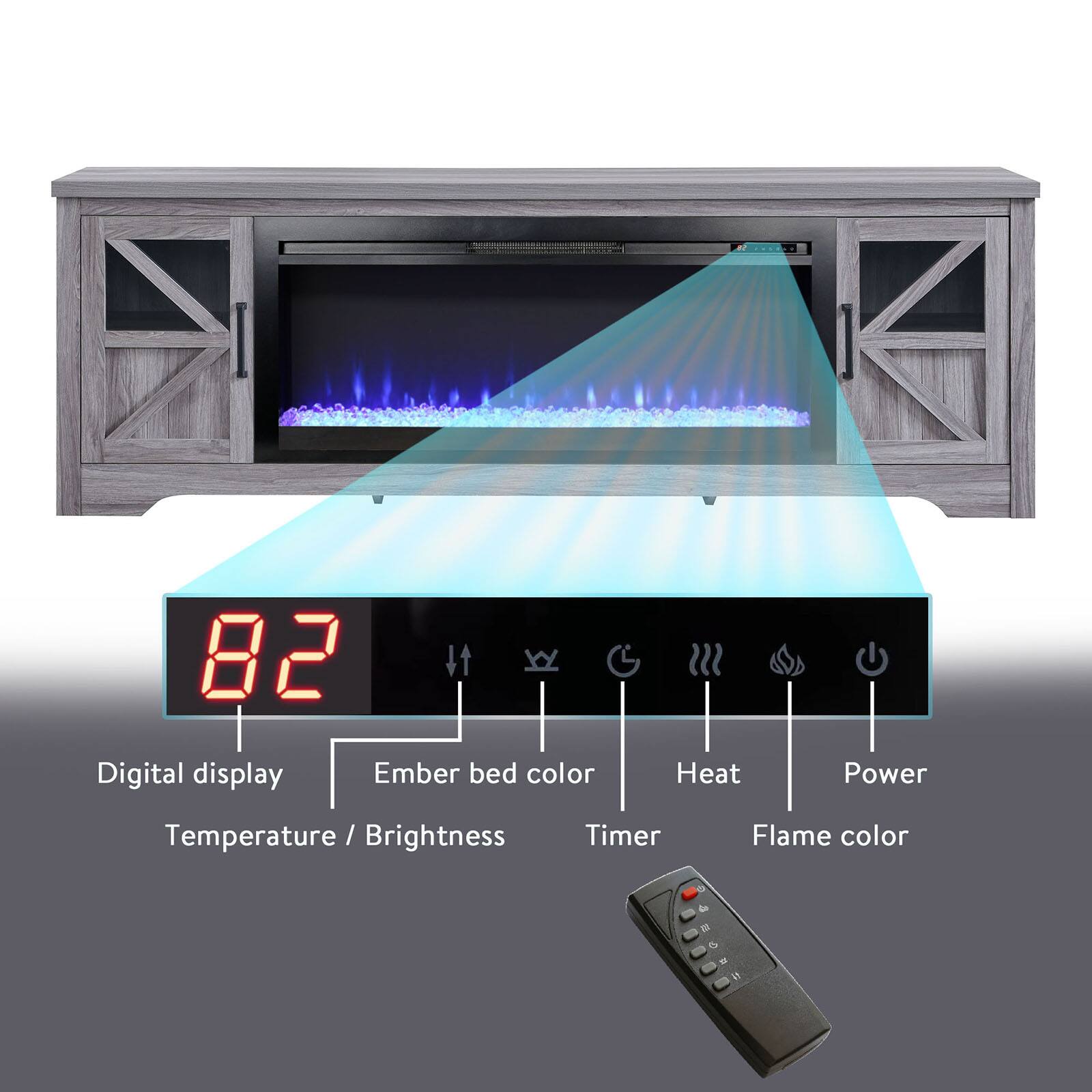 - Digital display
- Ember bed color
- Heat
- Power
- Temperature / Brightness
- Timer
- Flame color