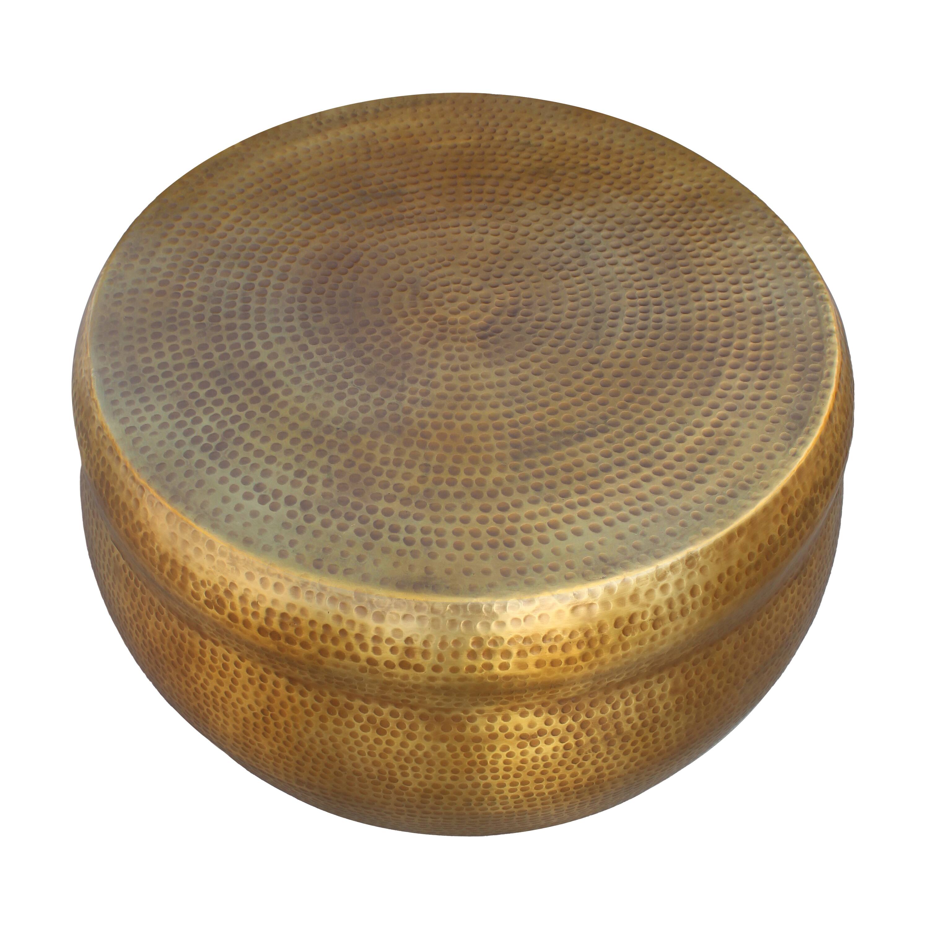 Angle. Manhattan Lane - 32 Inch Artisanal Round Drum Coffee Table, Hammered Embossed Texturing, Aluminum - Brass.