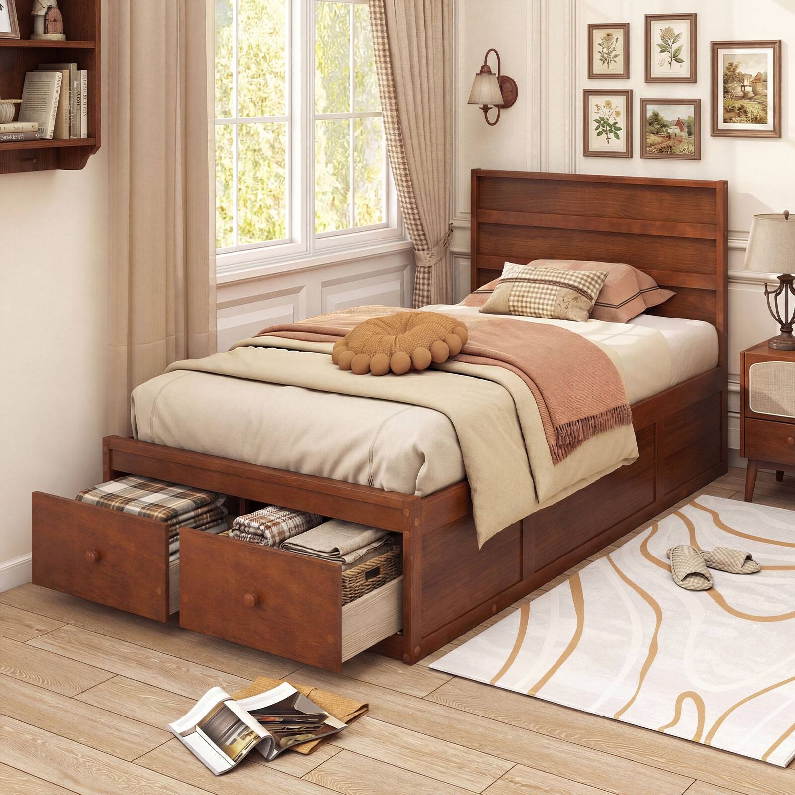 Alt View 8. Gymax - Gymax Full Size Bed Frame w/Storage Drawers Headboard Wooden Slat&Enclosed Base Walnut - Brown.