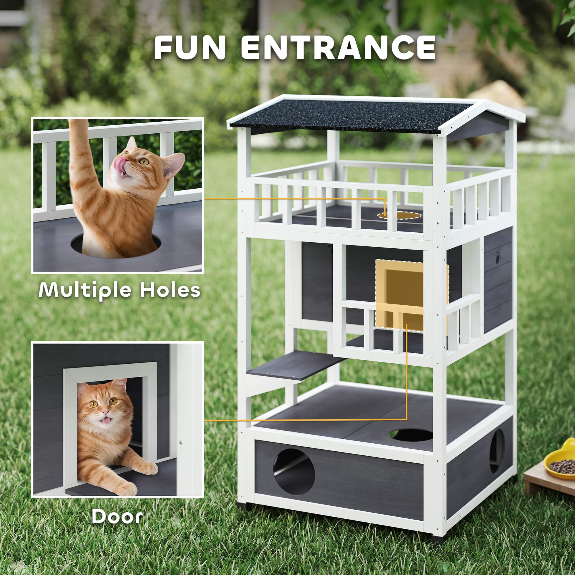 Pawhut Wooden Outdoor Cat House, Feral Cat Shelter Kitten Condo