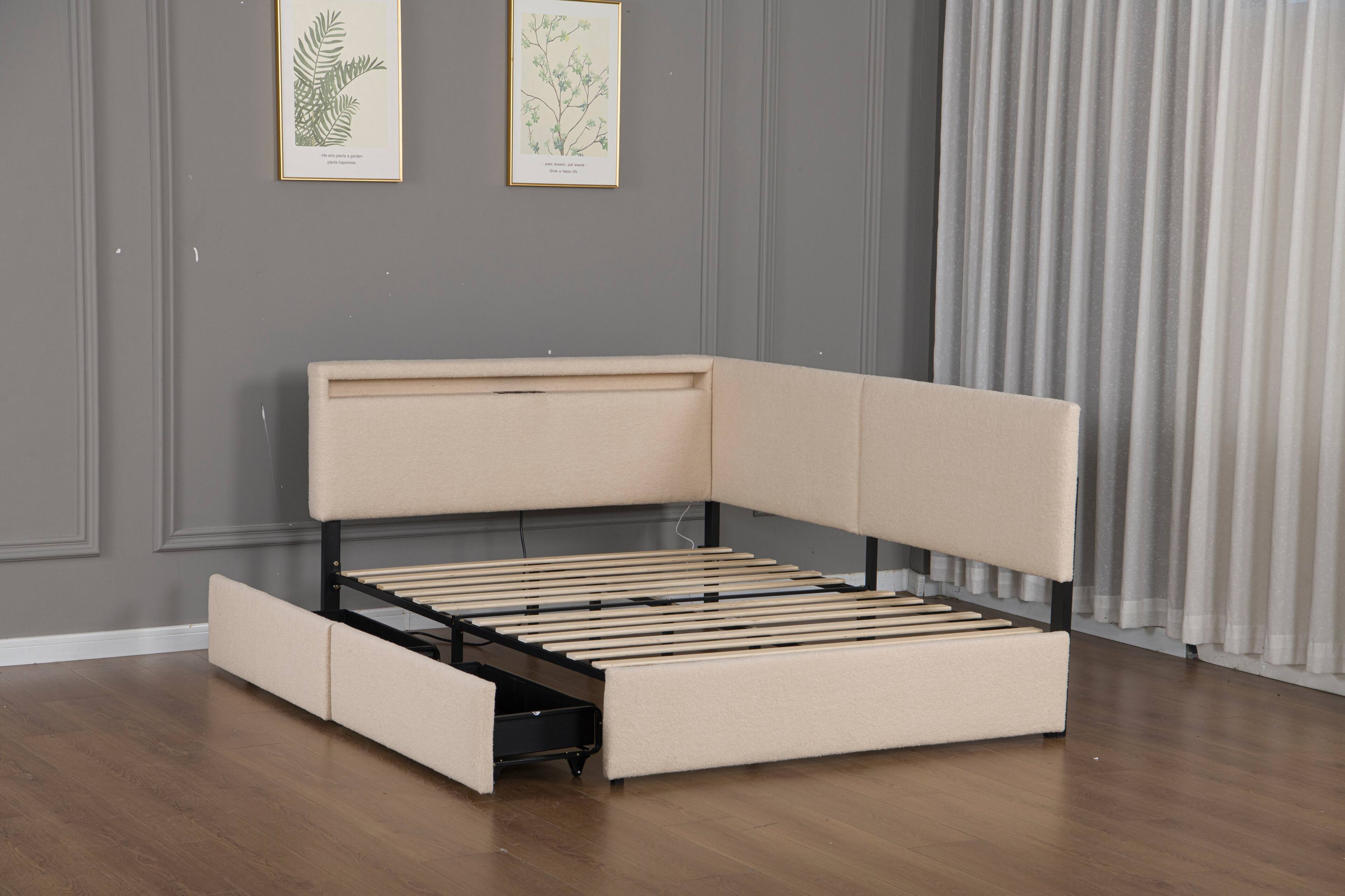 Back. LUCKY ONE - Full Size Upholstered Boucle Bed Frame with 2 Storage Drawers, LED light and USB Charging Design - Beige.