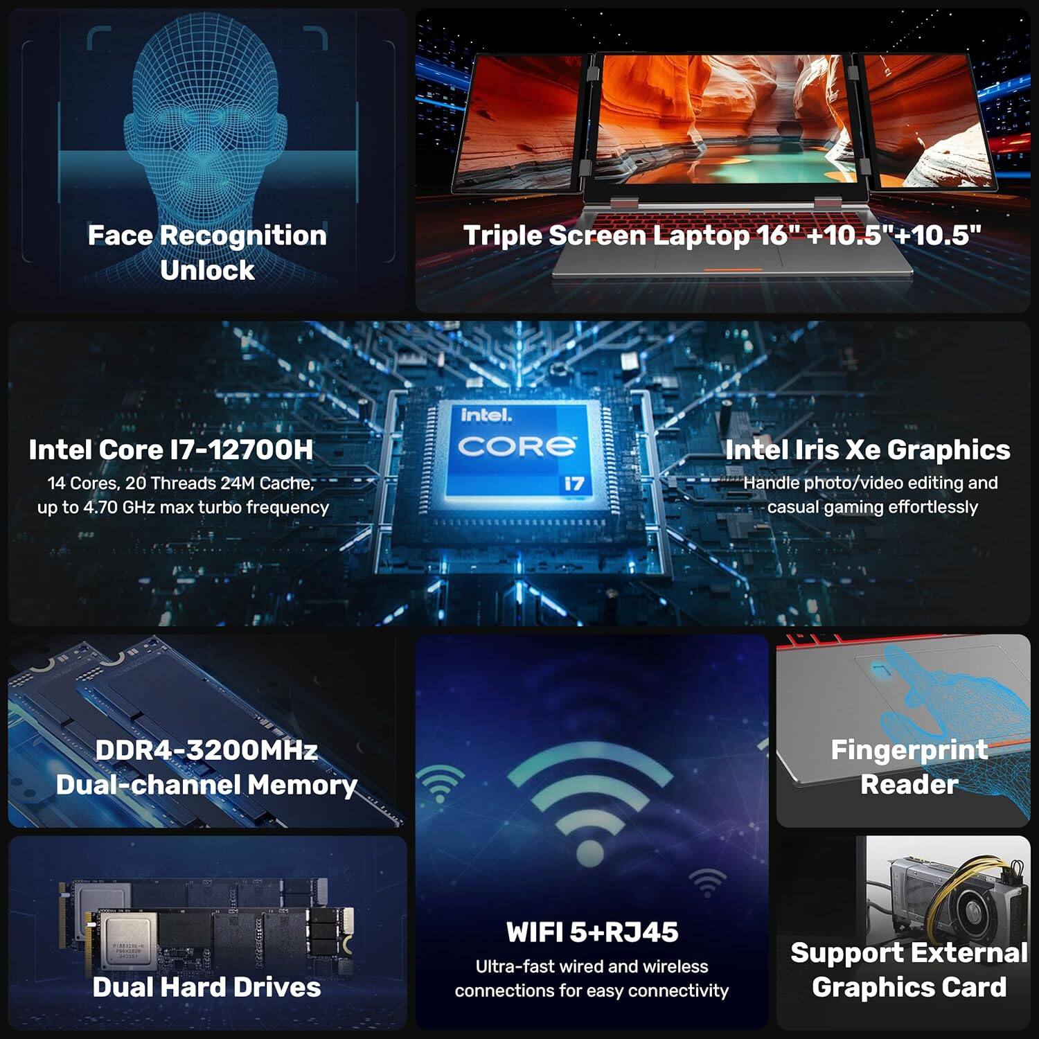 - Face Recognition Unlock
- Triple Screen Laptop 16" + 10.5" + 10.5"
- Intel Core i7-12700H
  - 14 Cores, 20 Threads
  - 24M Cache
  - up to 4.70 GHz max turbo frequency
- Intel Iris Xe Graphics
  - Handle photo/video editing and casual gaming effortlessly
- DDR4-3200MHz Dual-channel Memory
- Dual Hard Drives
- WIFI 5+RJ45
  - Ultra-fast wired and wireless connections for easy connectivity
- Fingerprint Reader
- Support External Graphics Card