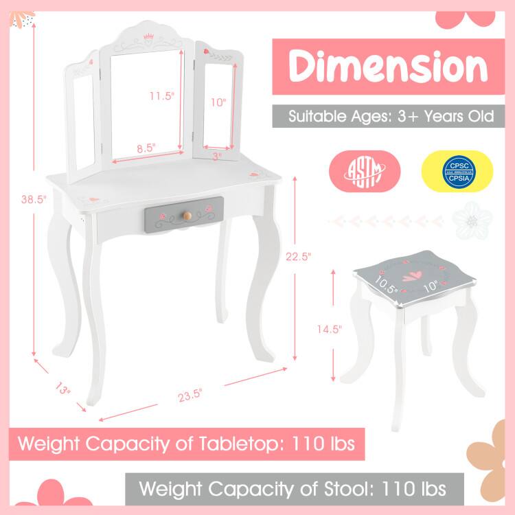 11.5" Dimension 10" Suitable Ages: 3+ Years Old  
38.5" 8.5" 3"  
22.5" 10.5" 5" 10" 14.5"  
23.5"  
Weight Capacity of Tabletop: 110 lbs  
Weight Capacity of Stool: 110 lbs