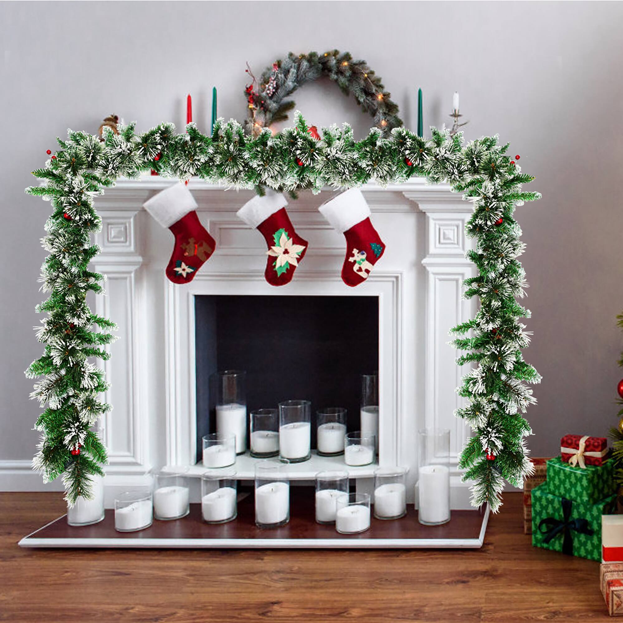 Alt View 12. Costway - 9ft Pre-lit Christmas Garland w/ Snow Flocked Tips Red Berries 50 Lights & Timer - Green.