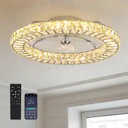 Siljoy - 22 Inch Low Profile Crystal Flush Mount Ceiling Fan with Light, Dimmable LED Fan with Remote for Bedroom - Gold