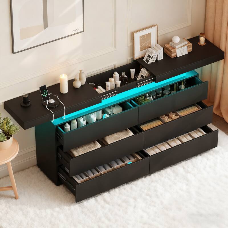 Vipbear - Modern 6 Drawers with Sliding Desktop, with Charging Station & LED Lights, Large Storage Tower Clothes Organizer - Black