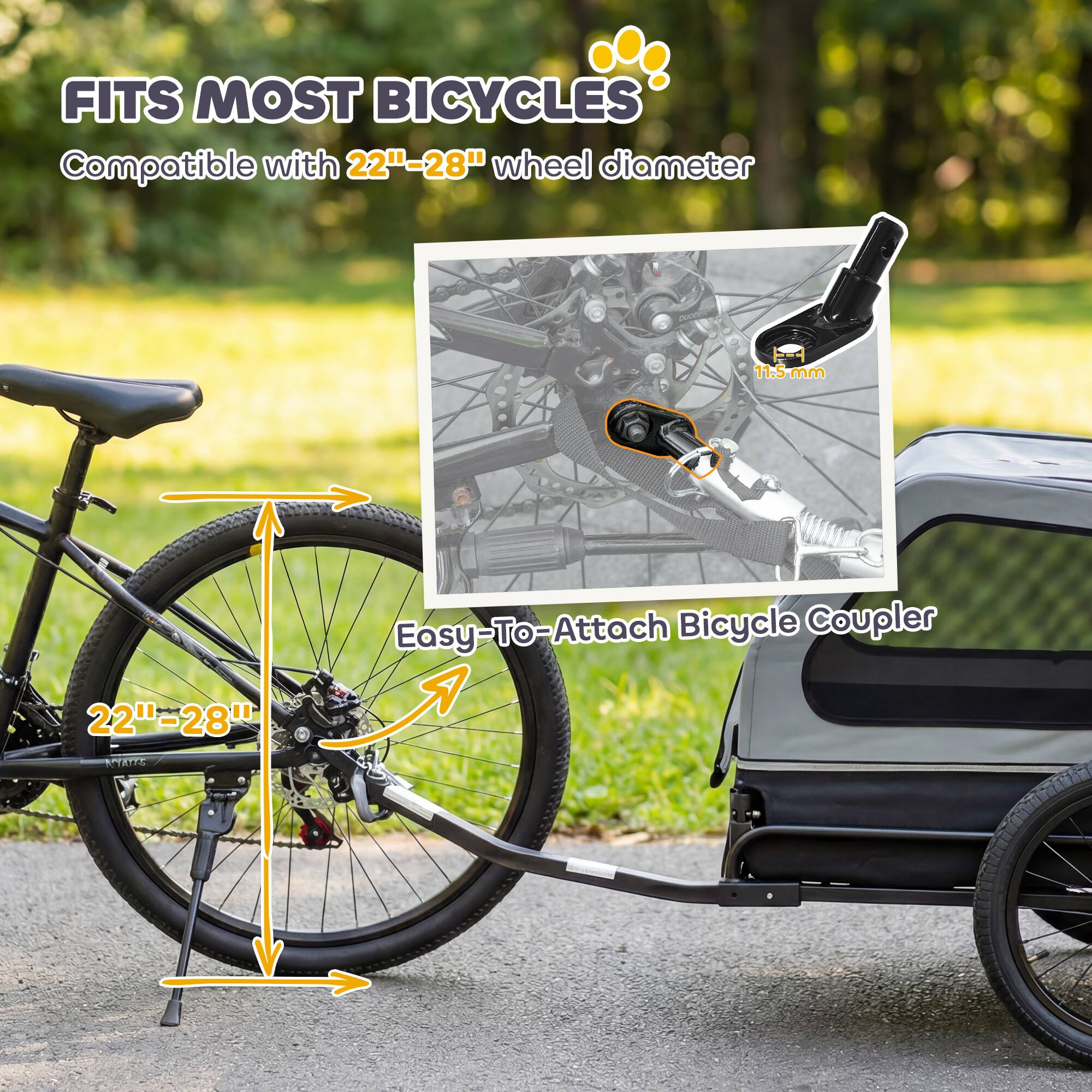 FITS MOST BICYCLES  
Compatible with 22"-28" wheel diameter  

Easy-To-Attach Bicycle Coupler  

22"-28"