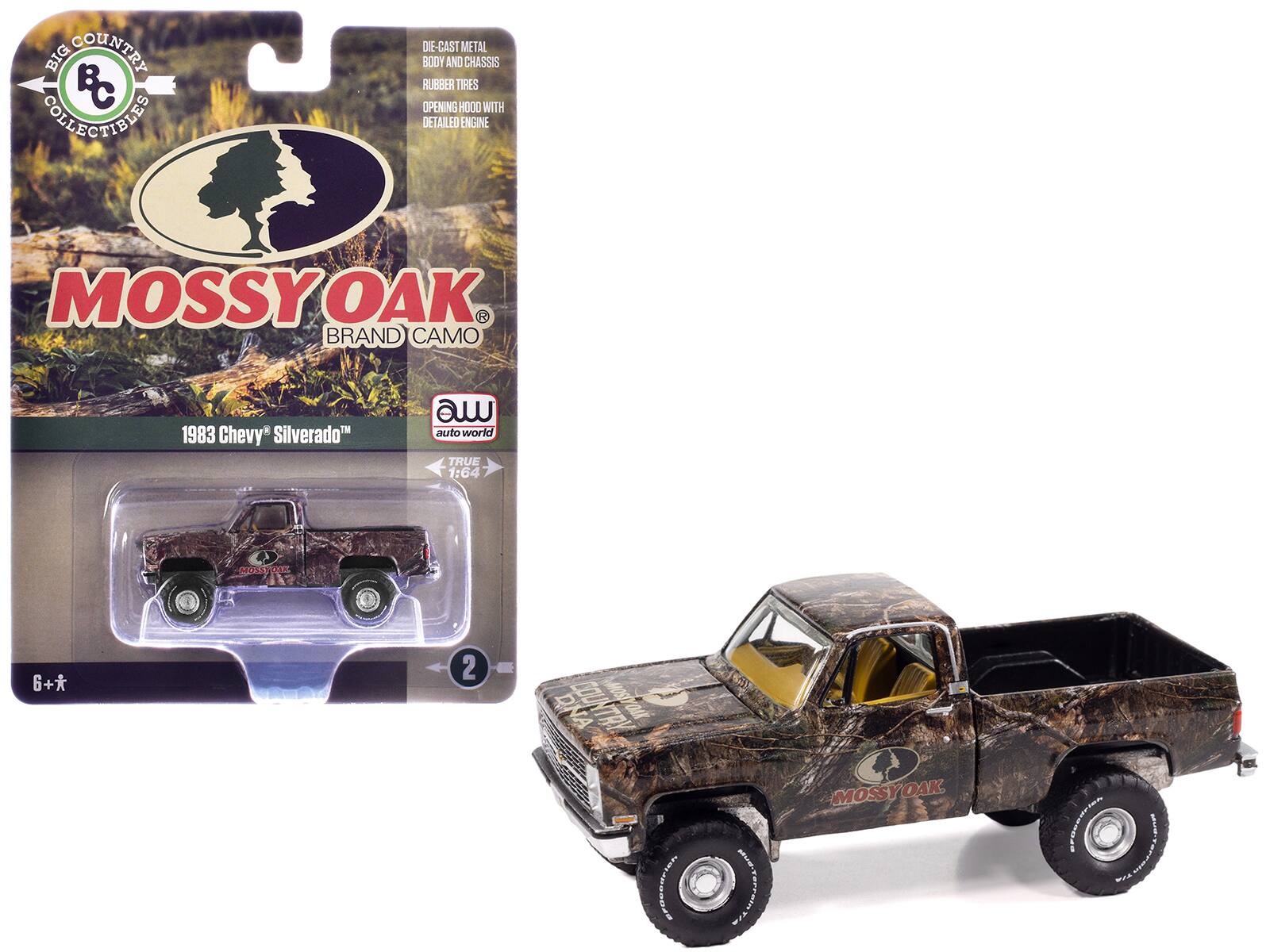 BIG COUNTRY COLLECTIBLES DIE-CAST METAL BODY AND CHASSIS RUBBER TIRES OPENING HOOD WITH DETAILED ENGINE MOSSY OAK BRAND CAMO 1983 Chevy Silverado auto world TRUE 1:64 6+ 2 DNA COUNTRY MOSSYOAK