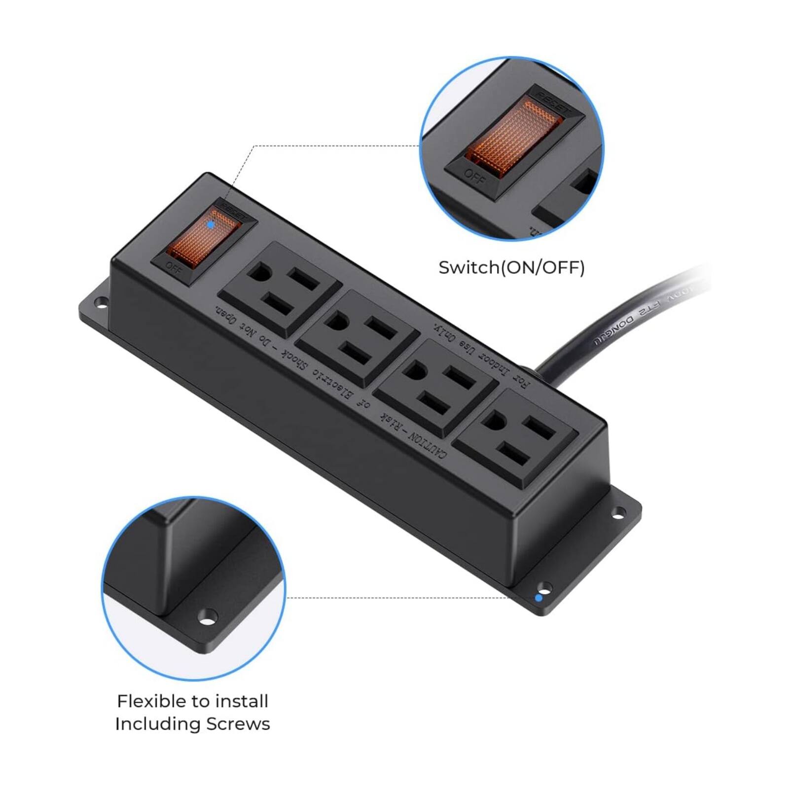 Sure, here is the corrected and grouped text from the image:

- **Switch(ON/OFF)**
- **Flexible to install Including Screws**
- **CAUTION**
- **RECE N OFF "U OFF Switch(ON/OFF) Switch Oa. 2ON Only. RNOO Do - e87 Shook Indoor Electric 202 2o CAUTION-Rink *- CAUTION A0O Flexible to install Including Screws**