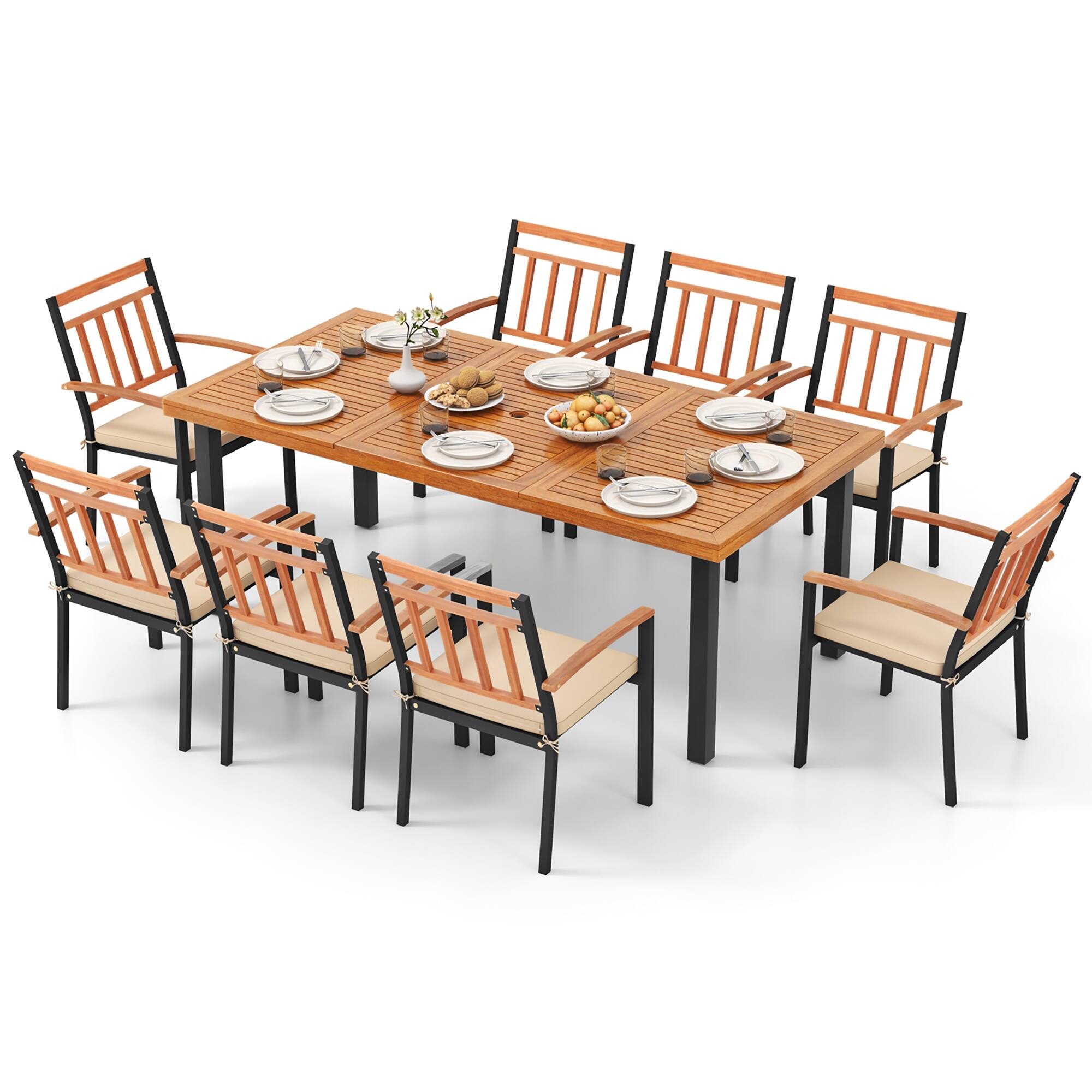 Gymax - 9 PCS Patio Dining Set w/ Soft Cushions and 1.9'' Umbrella Hole for Garden - Natural, Black price history on PriceWatchPro
