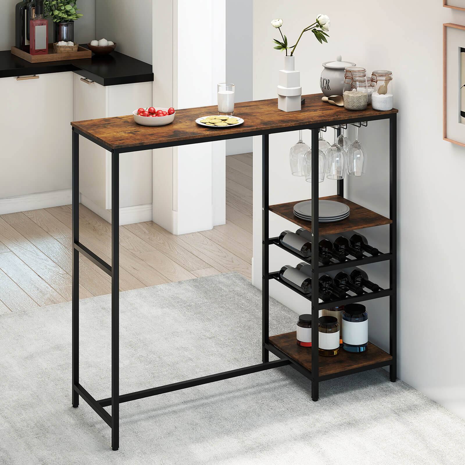 Alt View 4. Costway - Costway 48" Long Bar Table with Storage Shelves Wine Racks & Stemware Holders for Kitchen - Brown.