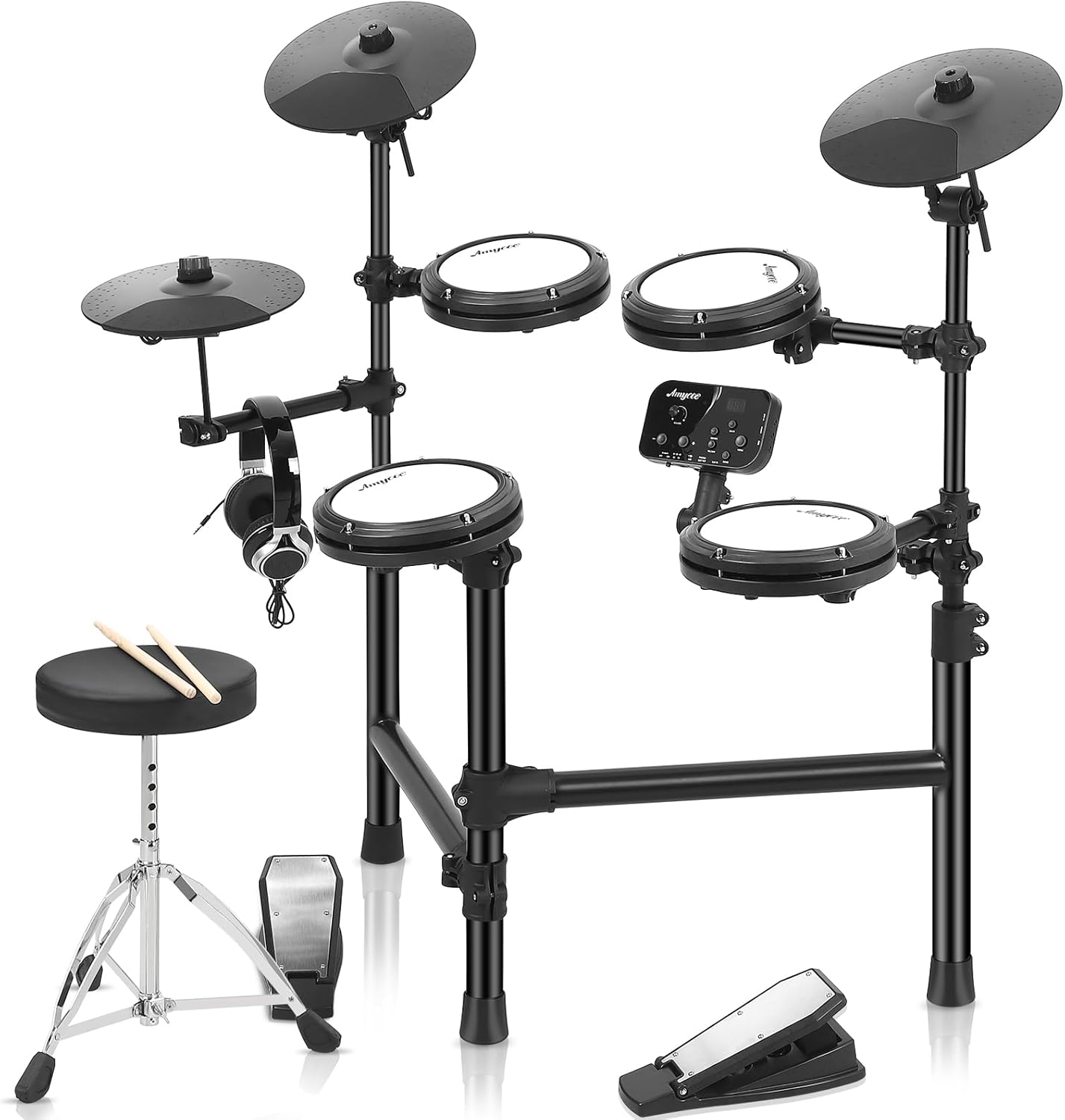 Front. Acekool - Electronic Drum Set with 4 Quiet Mesh Pads, 150 Sounds, 2 Pedals, Drum Throne, Sticks & Headphones, for Beginners.