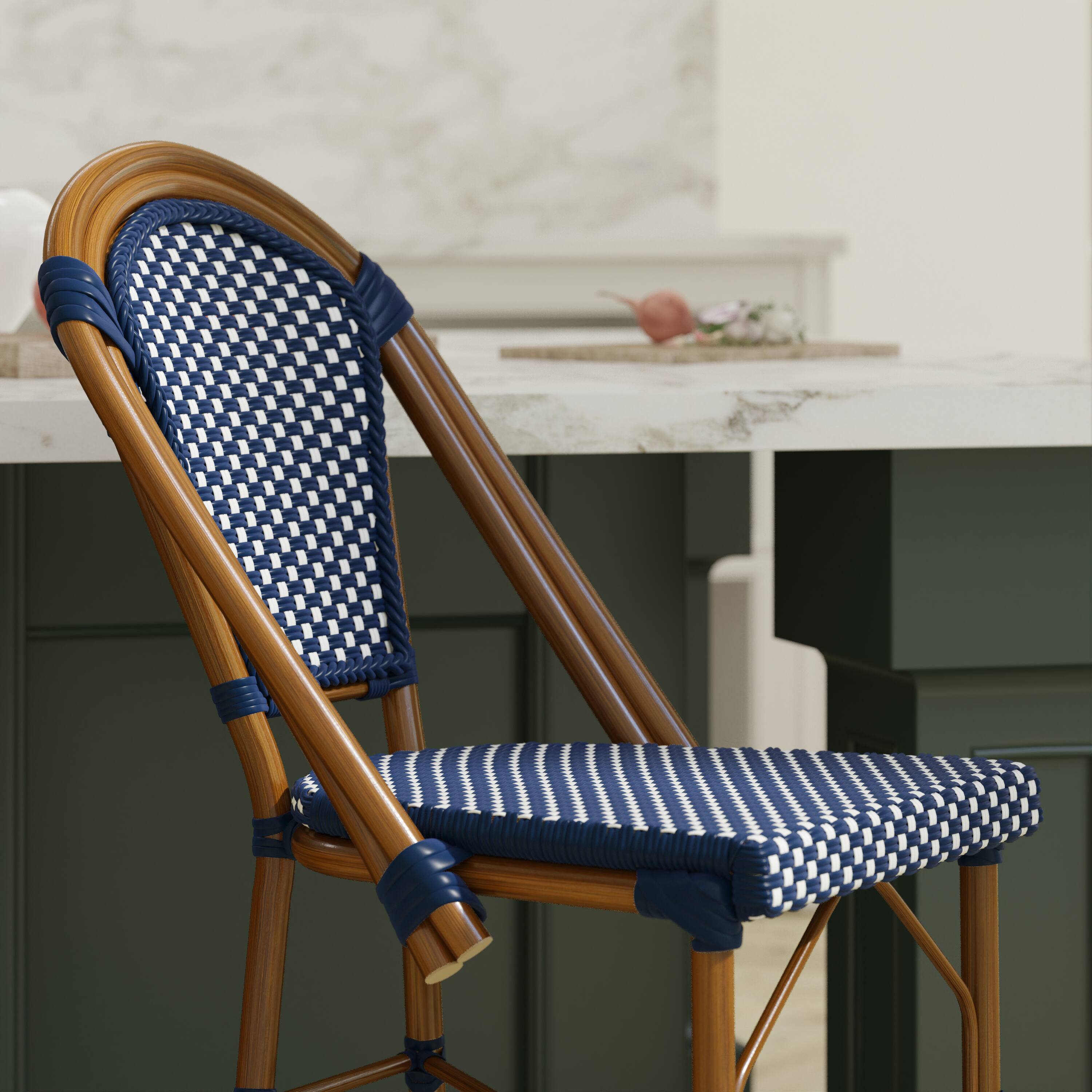 Alt View 4. Emma + Oliver - Soie Set of Two 26" High Stacking Bistro Counter Stools with PE Seat and Back and Metal Frames for Indoor/Outdoor Use - Navy & White/Natural Frame.