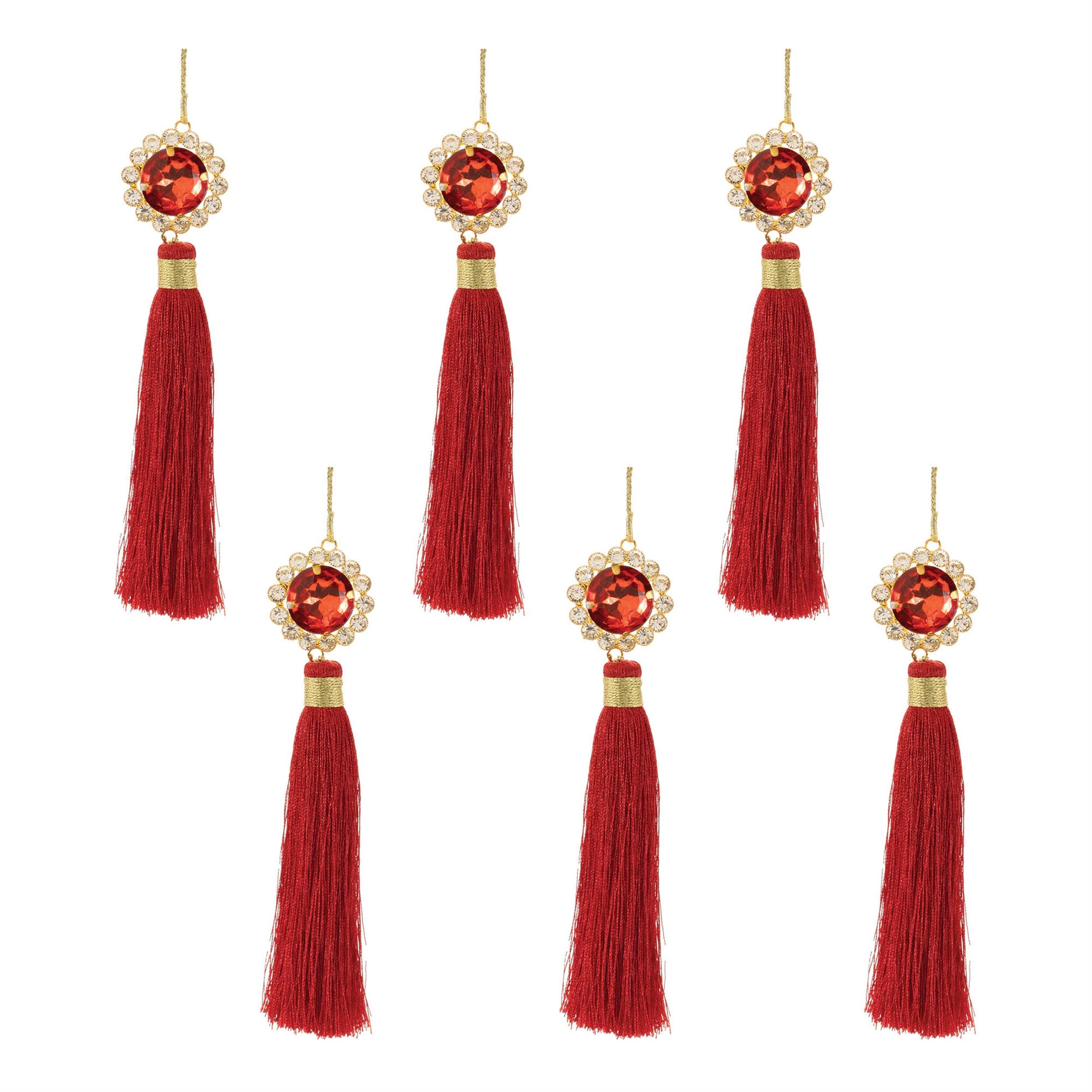 Alt View 1. BreeBe - Holiday Jewel Tassle Ornament (Set of 6) - Red, Gold.