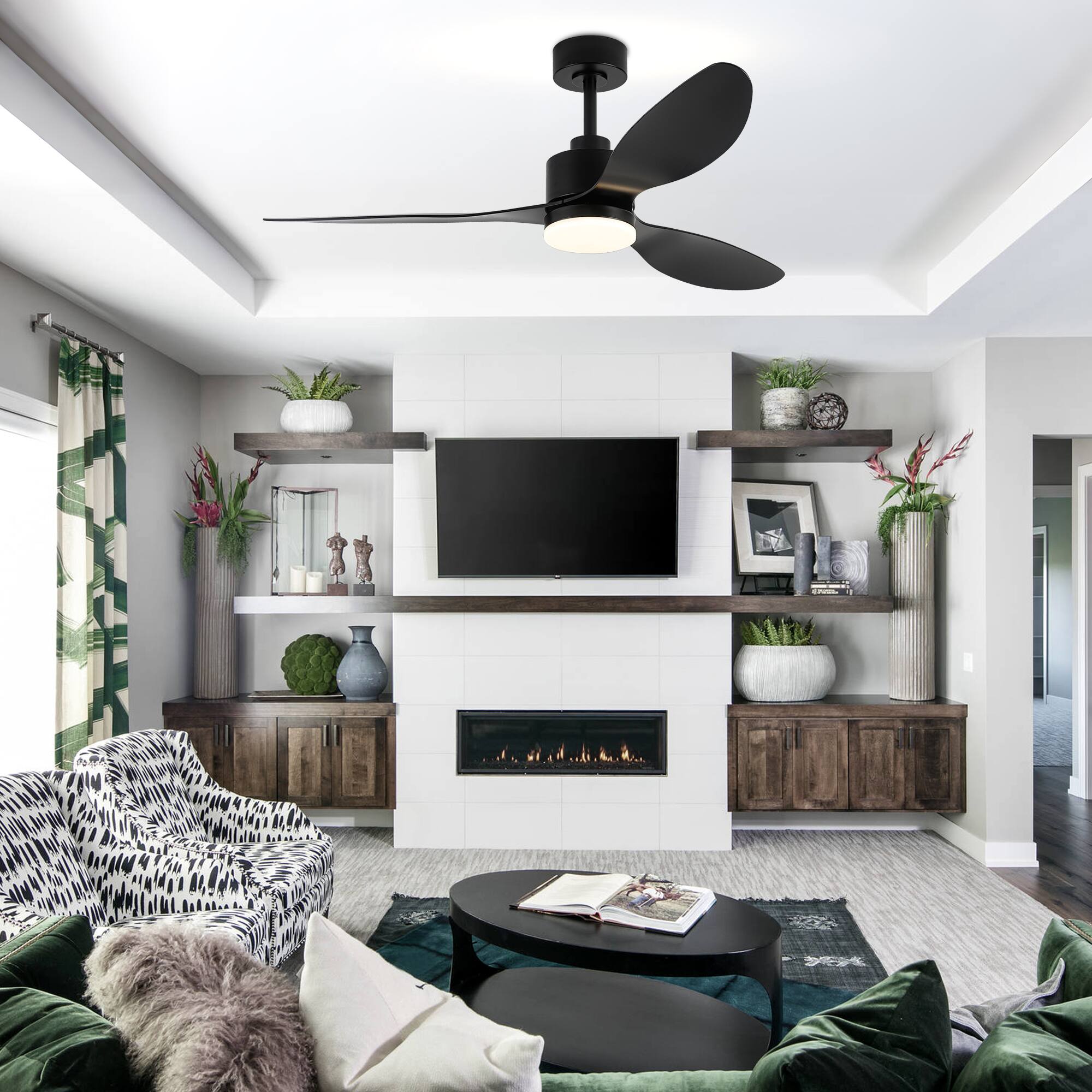 Alt View 7. Breezary - 52" Indoor Ceiling Fan, 3 ABS Blades, 6-Speed DC Motor, Remote Control, Memory/Timer, 3-Color LED Light, 5"/10" Downrods - Matte Black.