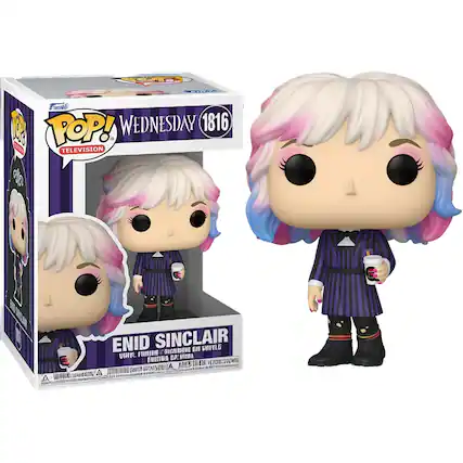 Sure, here is the corrected and grouped text from the image:
---
**Funko Pop!**
**TELEVISION**
**WEDNESDAY 1816**
**ENID SINCLAIR**
**VH1 HURRICANE ENID**
**VINYL FIGURE**
**Ages 3 and up**
**© 2021 Warner Bros. Entertainment Inc.**
**© 2021 Funko**
---
This text is from the packaging of the Funko Pop! figure.