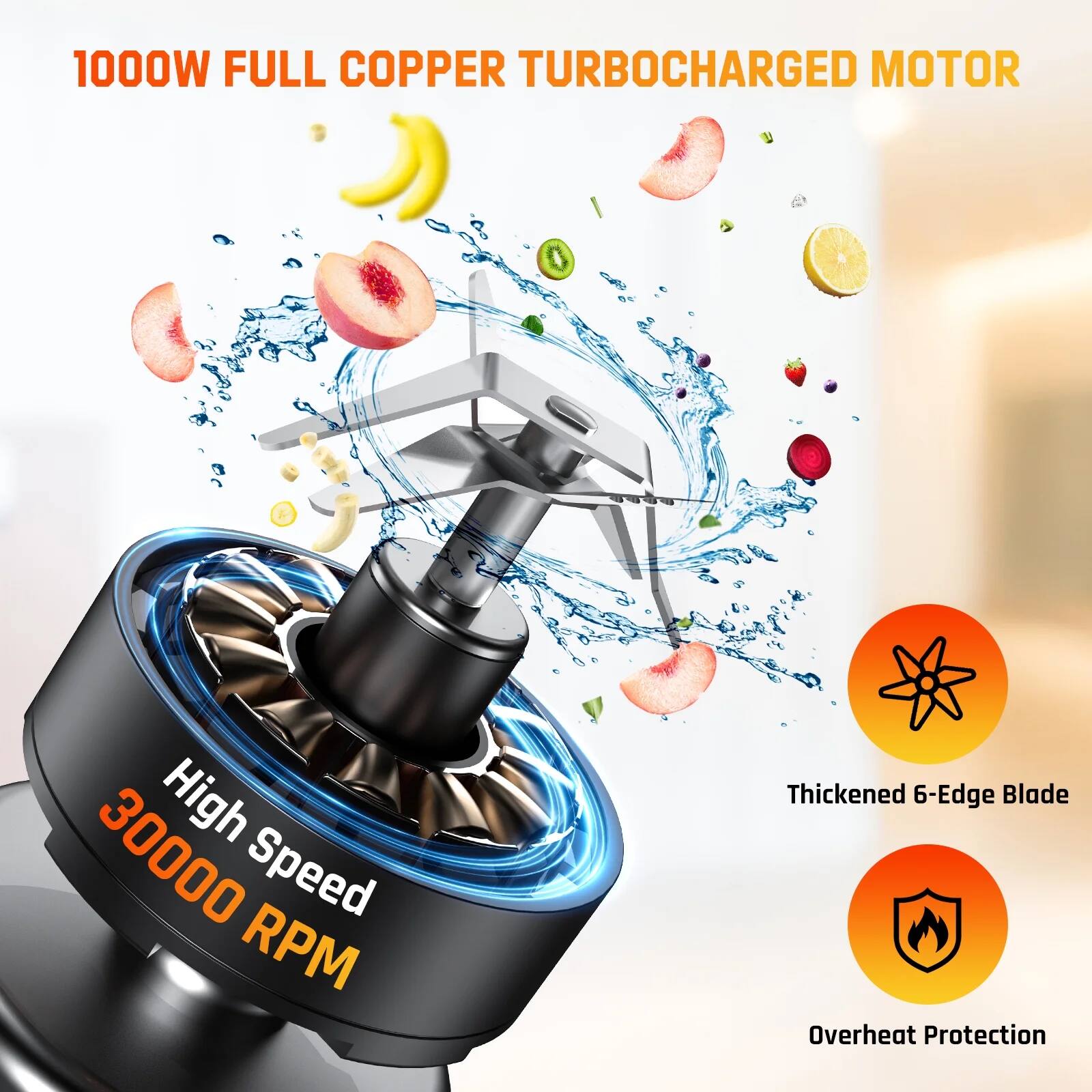 1000W FULL COPPER TURBOCHARGED MOTOR

High Speed 30000 RPM

Thickened 6-Edge Blade

Overheat Protection