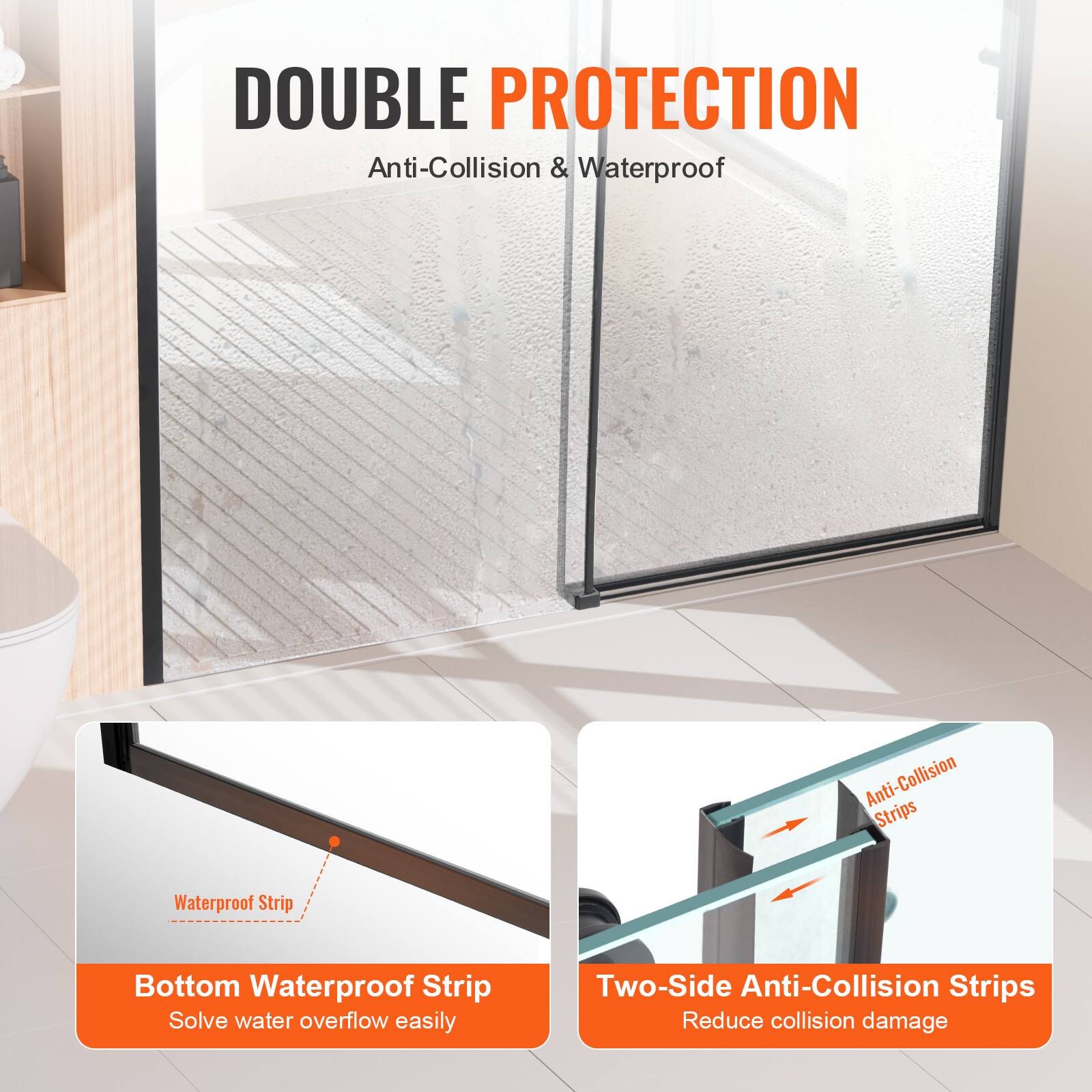 DOUBLE PROTECTION  
Anti-Collision & Waterproof  

- Bottom Waterproof Strip  
  Solve water overflow easily  

- Two-Side Anti-Collision Strips  
  Reduce collision damage