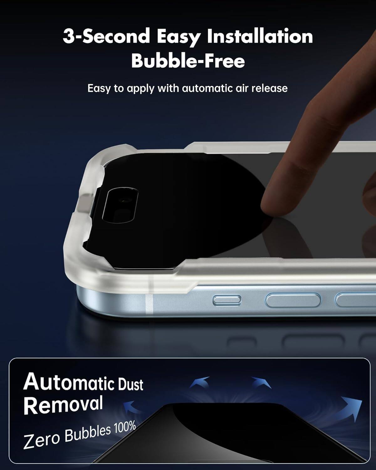 3-Second Easy Installation Bubble-Free  
Easy to apply with automatic air release  
Automatic Dust Removal  
Zero Bubbles 100%
