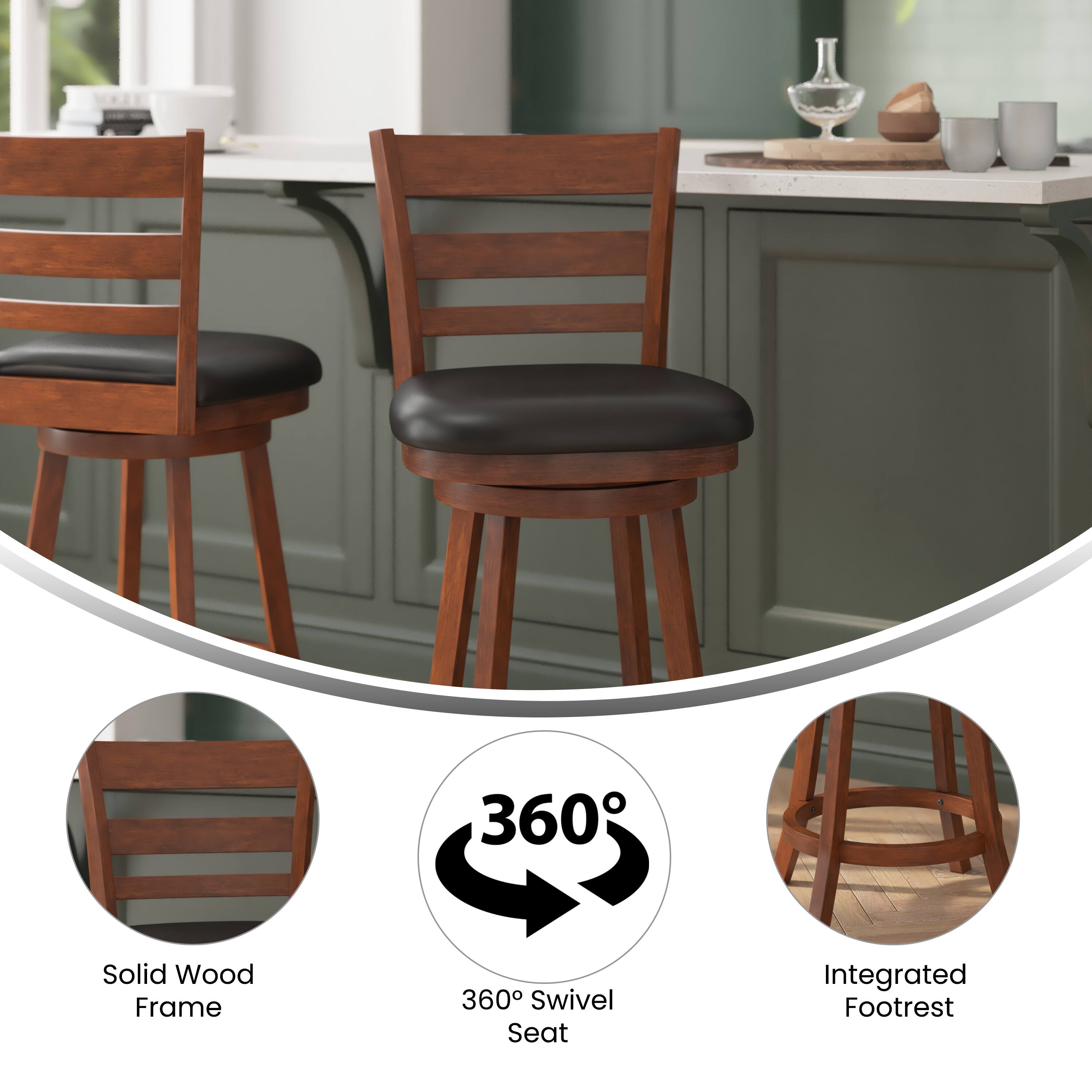 360° Solid Wood Frame  
360° Swivel Seat  
Integrated Footrest