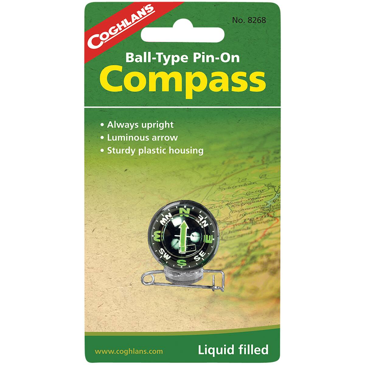 No. 8268 COGHLANS Ball-Type Pin-On Compass Always upright Luminous arrow Sturdy plastic housing N MN F SW S E SE S S Thoharmos) www.coghlans.com Liquid filled